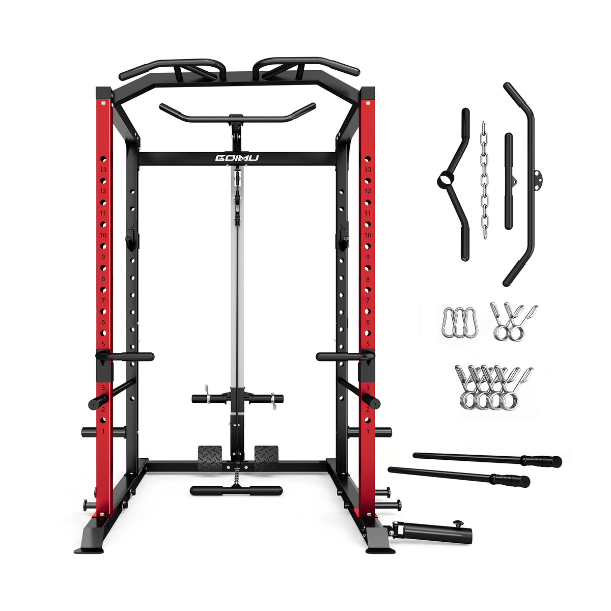 Red and black power rack with attachments on a white background.#color_red