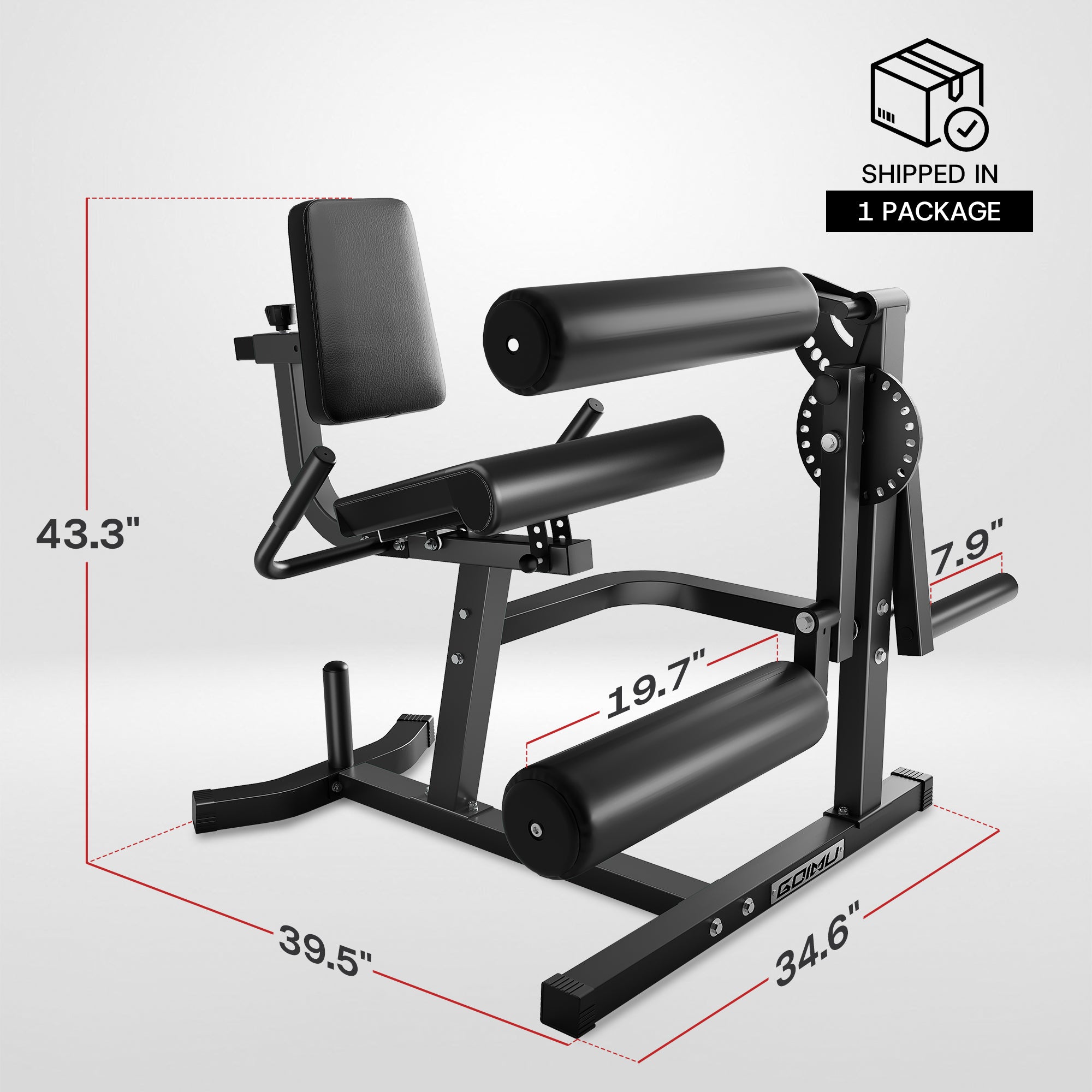 Black gym machine with dimensions labeled on a white background