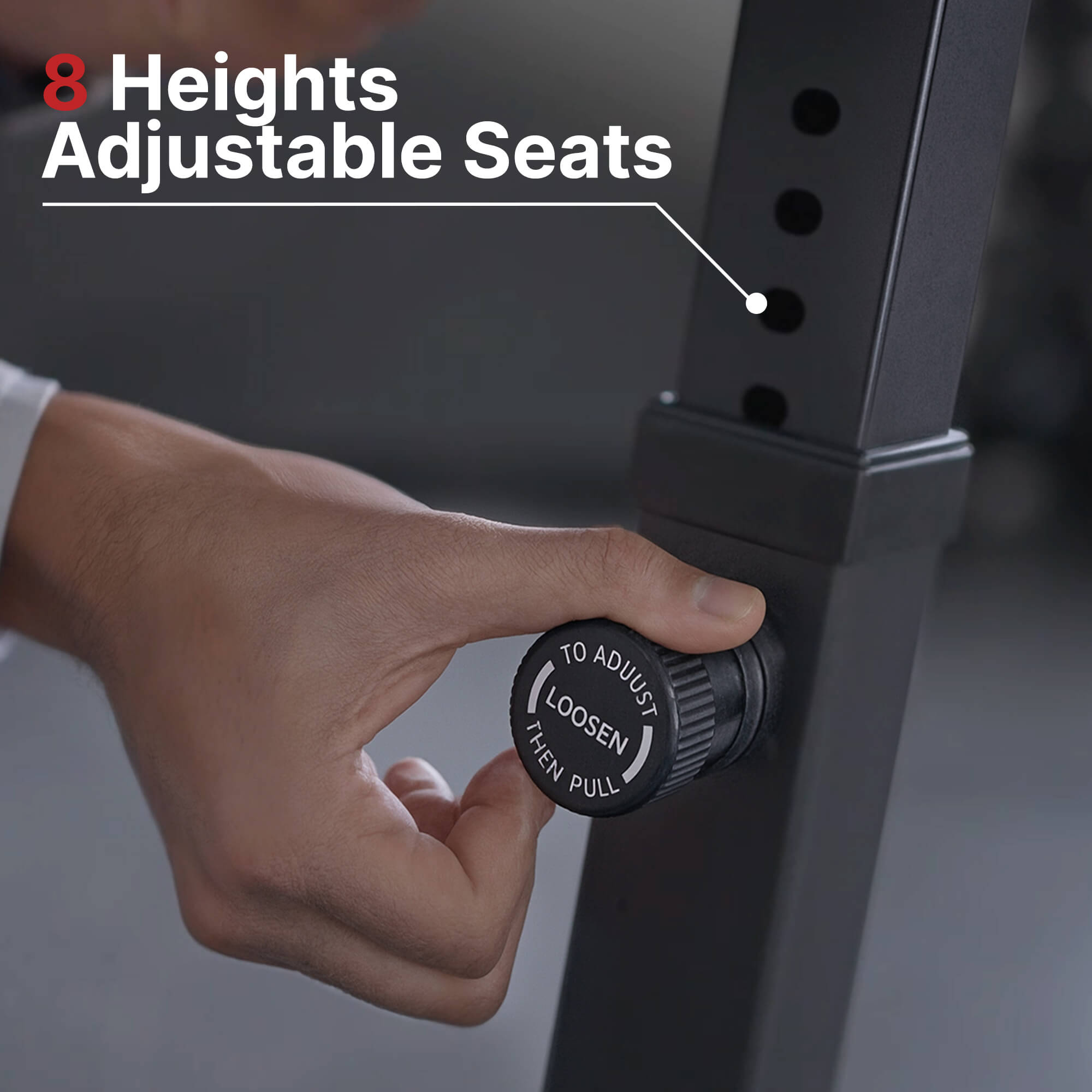 Hand adjusting a height adjustable seat on a piece of exercise equipment with text '8 Heights Adjustable Seats'.#color_black