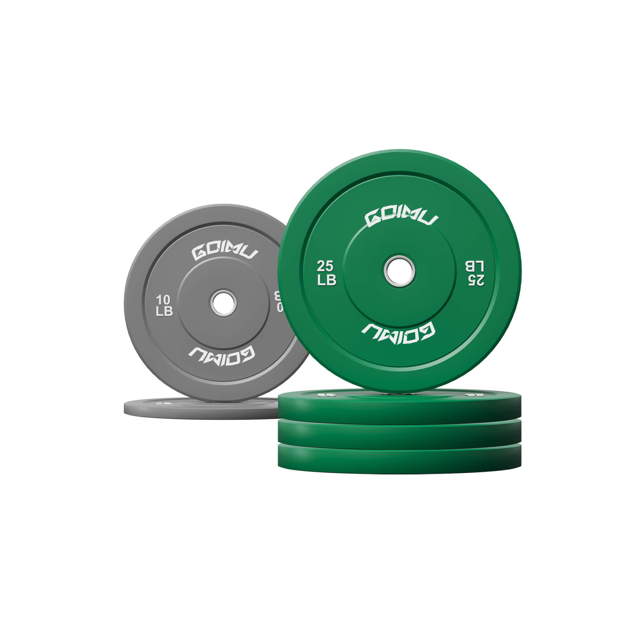 Two green and two gray weight plates with 'GOMU' branding on a white background