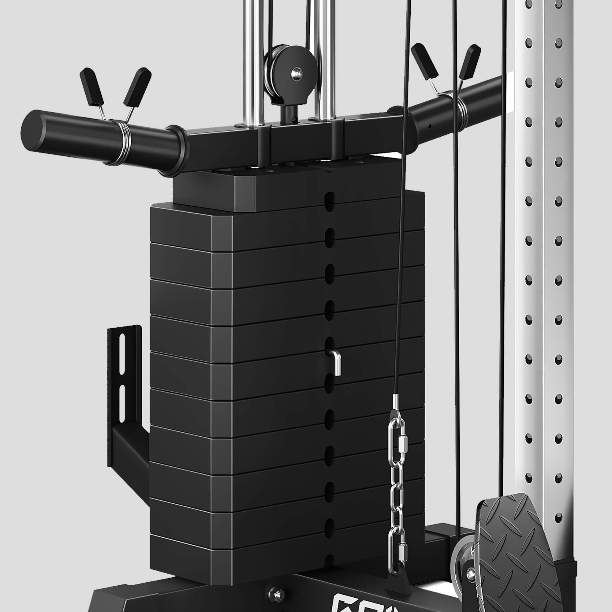Stack of weight plates on a weightlifting machine with a neutral background.