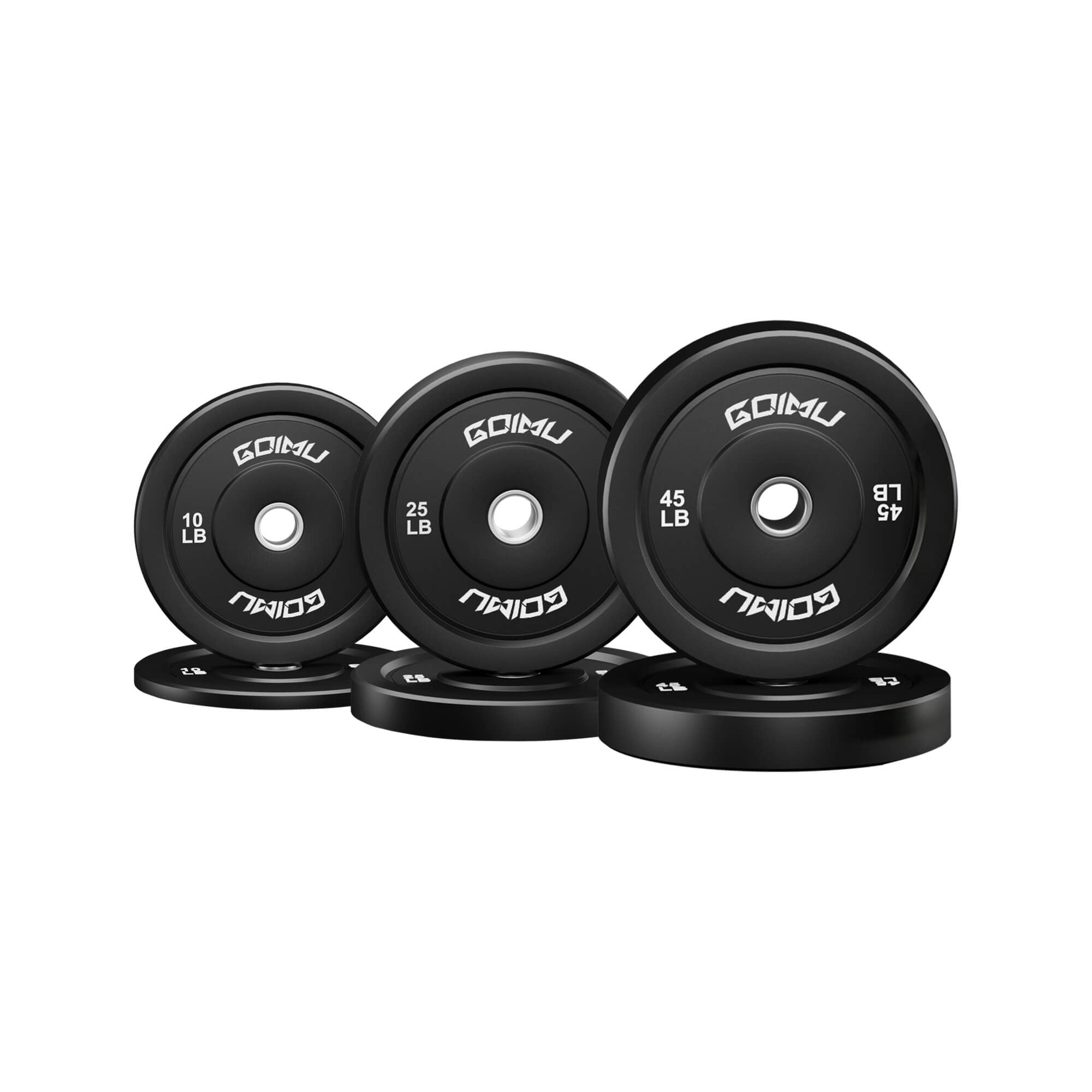 Set of black bumper weight plates with 'GOIMU' branding on a white background