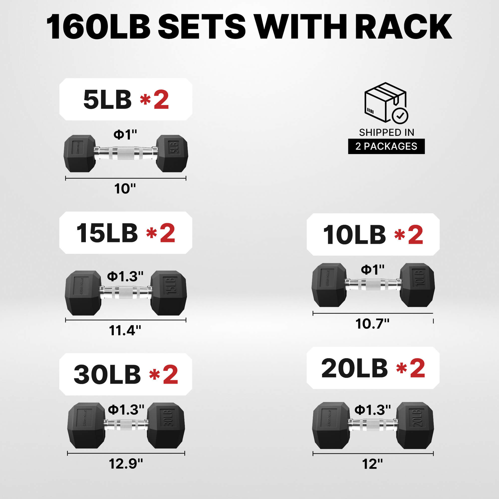 Set of dumbbells with their weights and dimensions on a gray background.#pounds_160lbs-only-weight