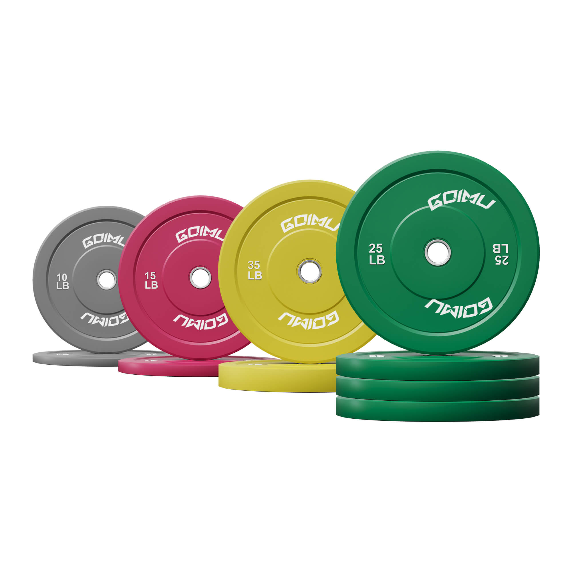 Set of Goimu weight plates in various colors on a white background