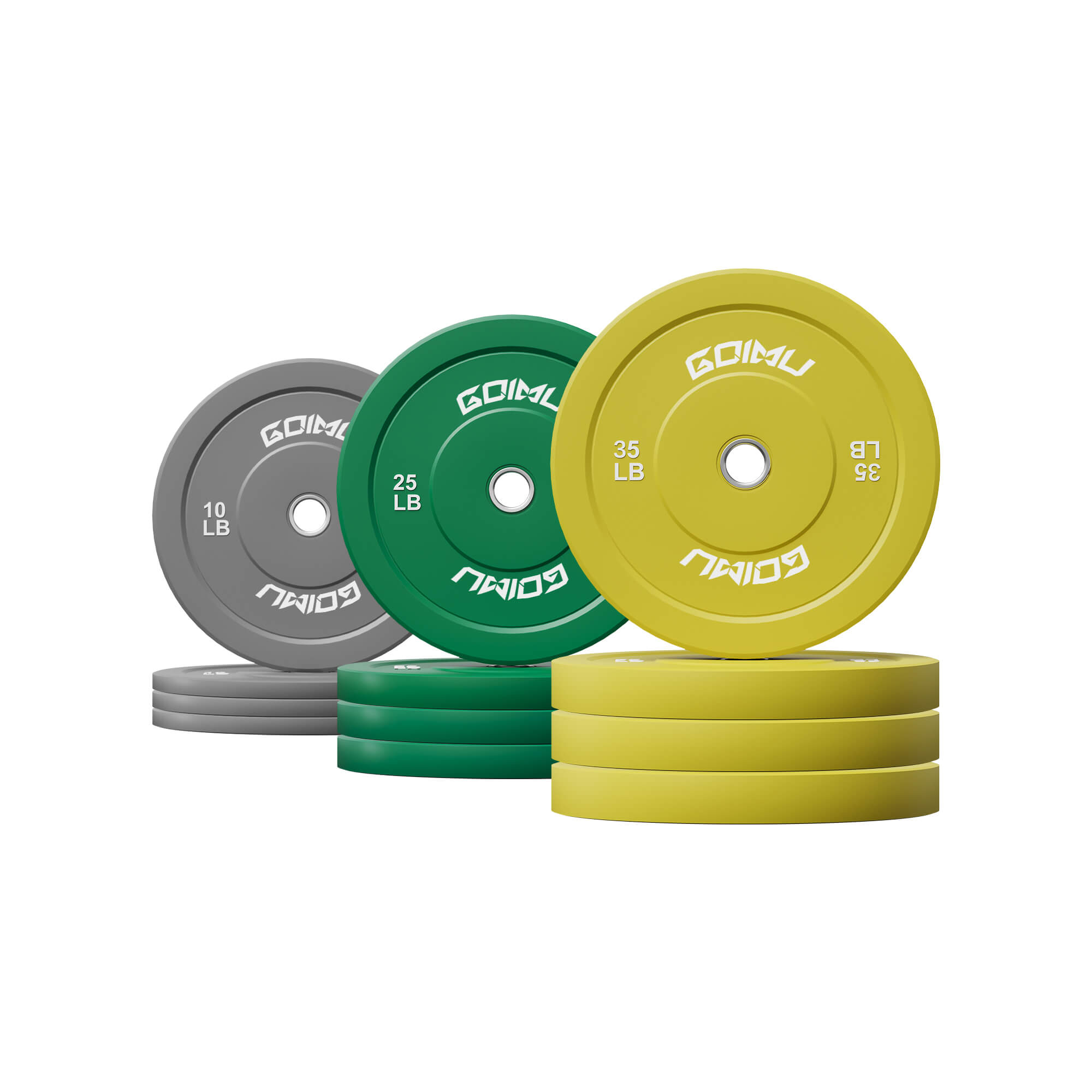 Set of Goimu weight plates in gray, green, and yellow on a white background