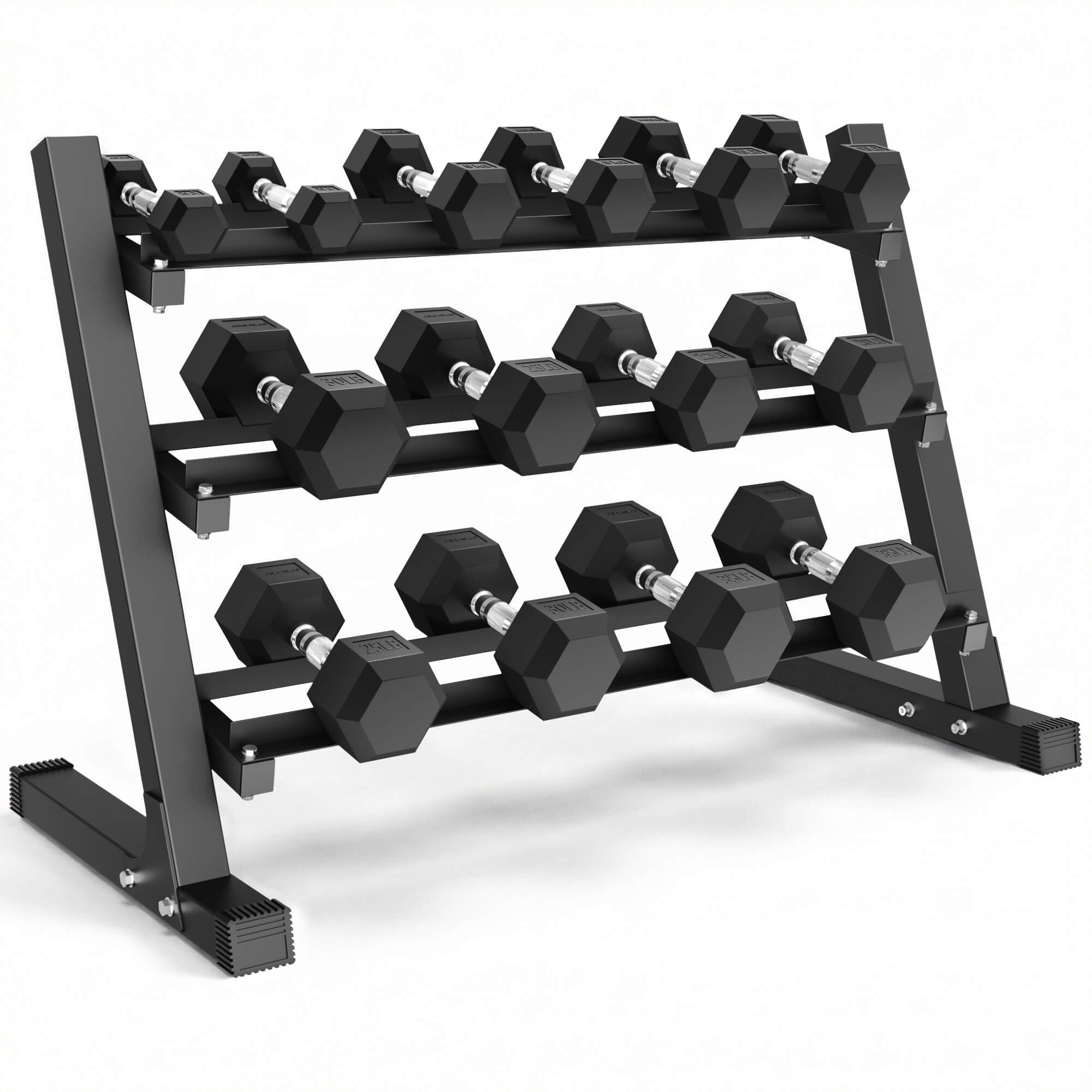 Black dumbbell rack with hexagonal dumbbells on a white background.#pounds_280lbs-with-rack