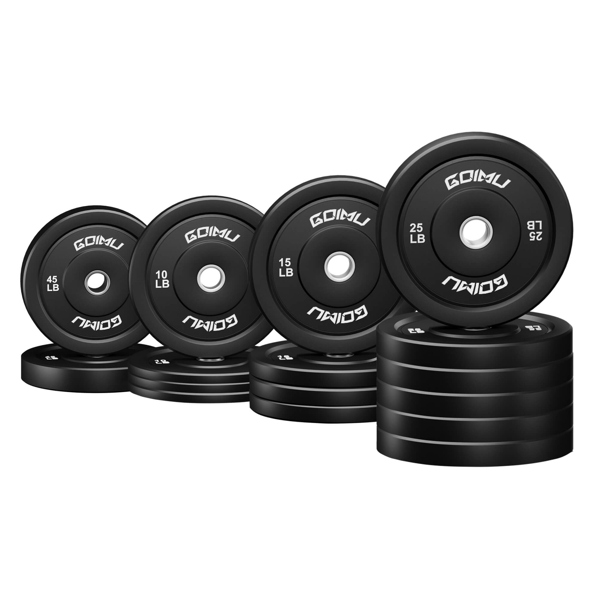 Set of black bumper weight plates with 'GOIMU' branding on a white background