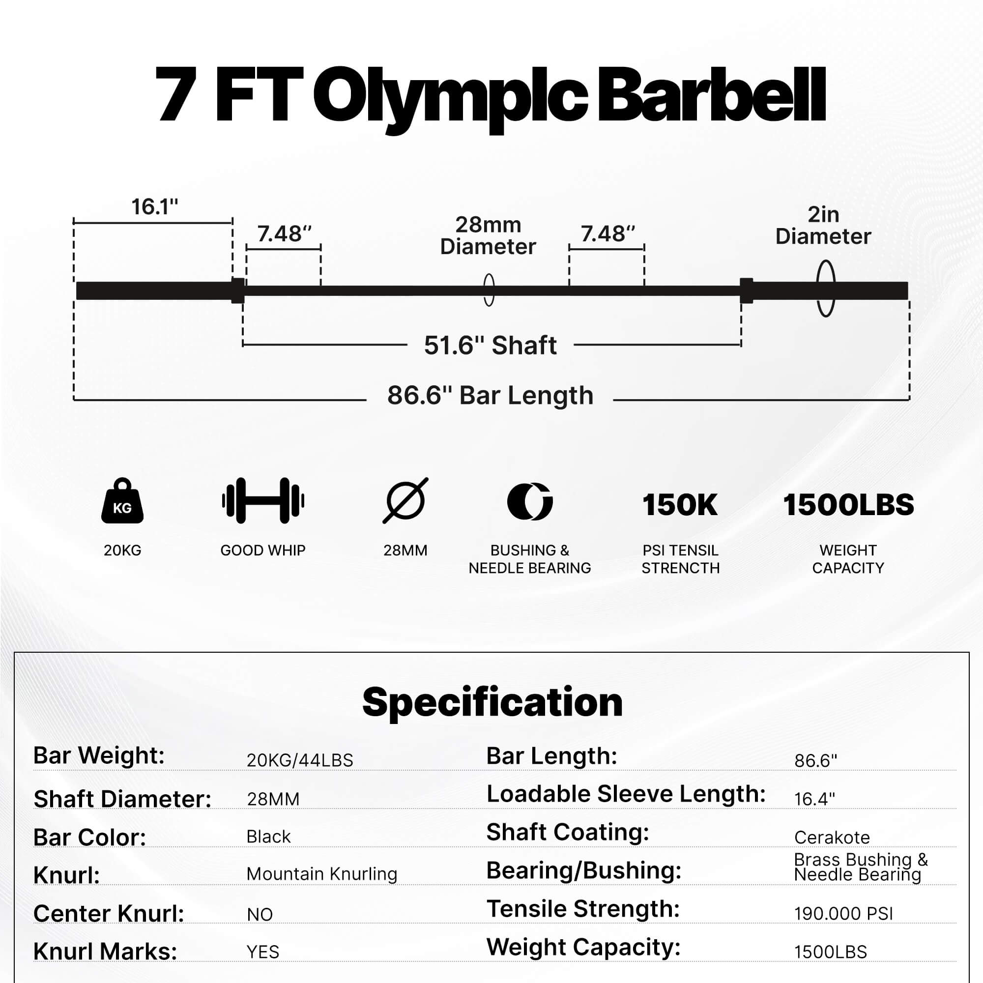 Technical specifications of a 7 FT Olympic Barbell on a white background.#color_black