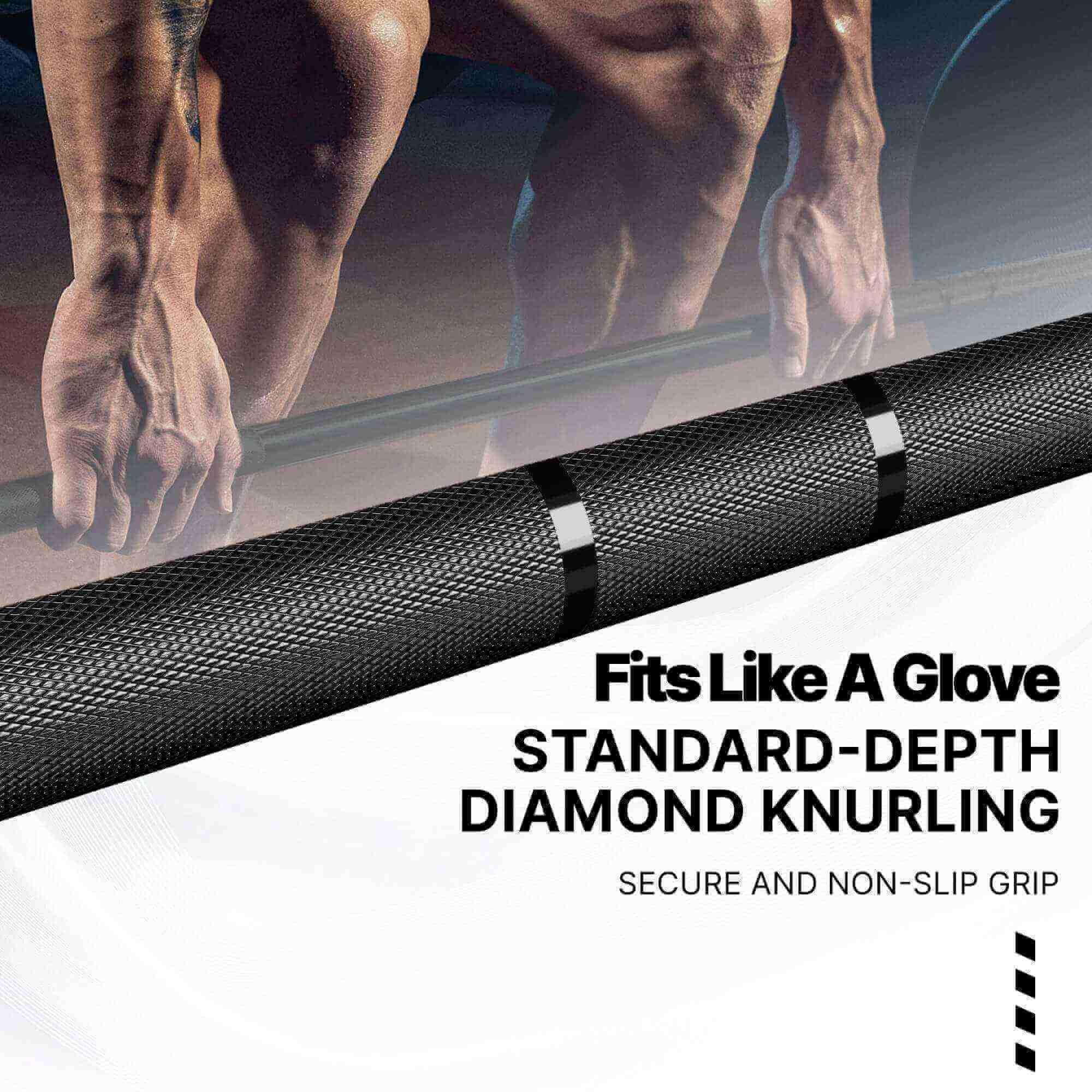 Gym bar with diamond knurling design, showing a person's hands gripping it.#color_black