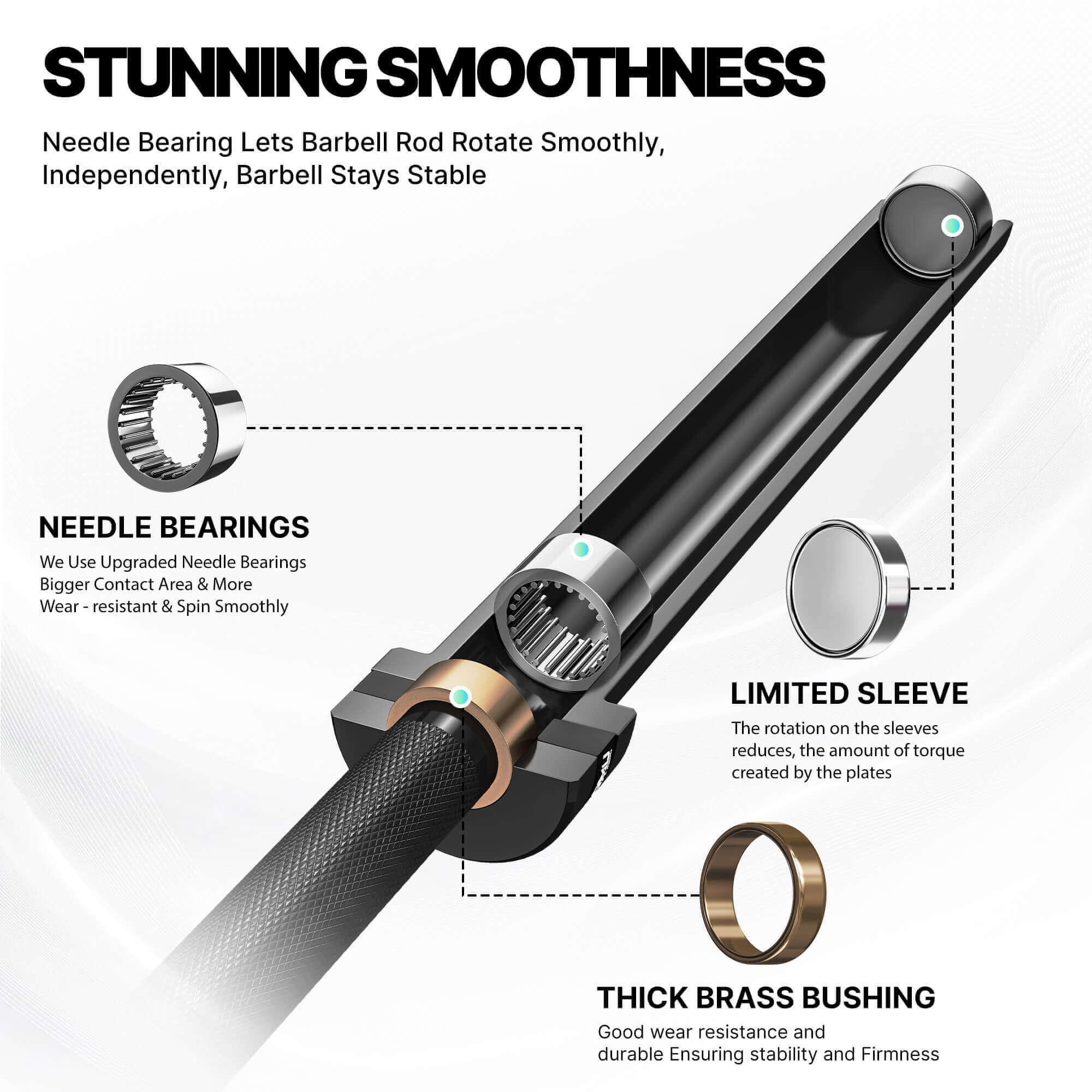 Barbell rod with needle bearings and brass bushings on a white background.#color_black