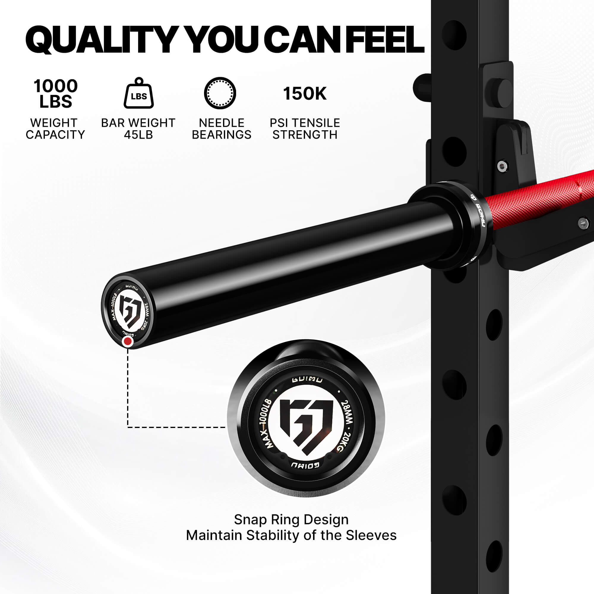 Black weightlifting bar with snap ring design on a white background, featuring product specifications.#color_red