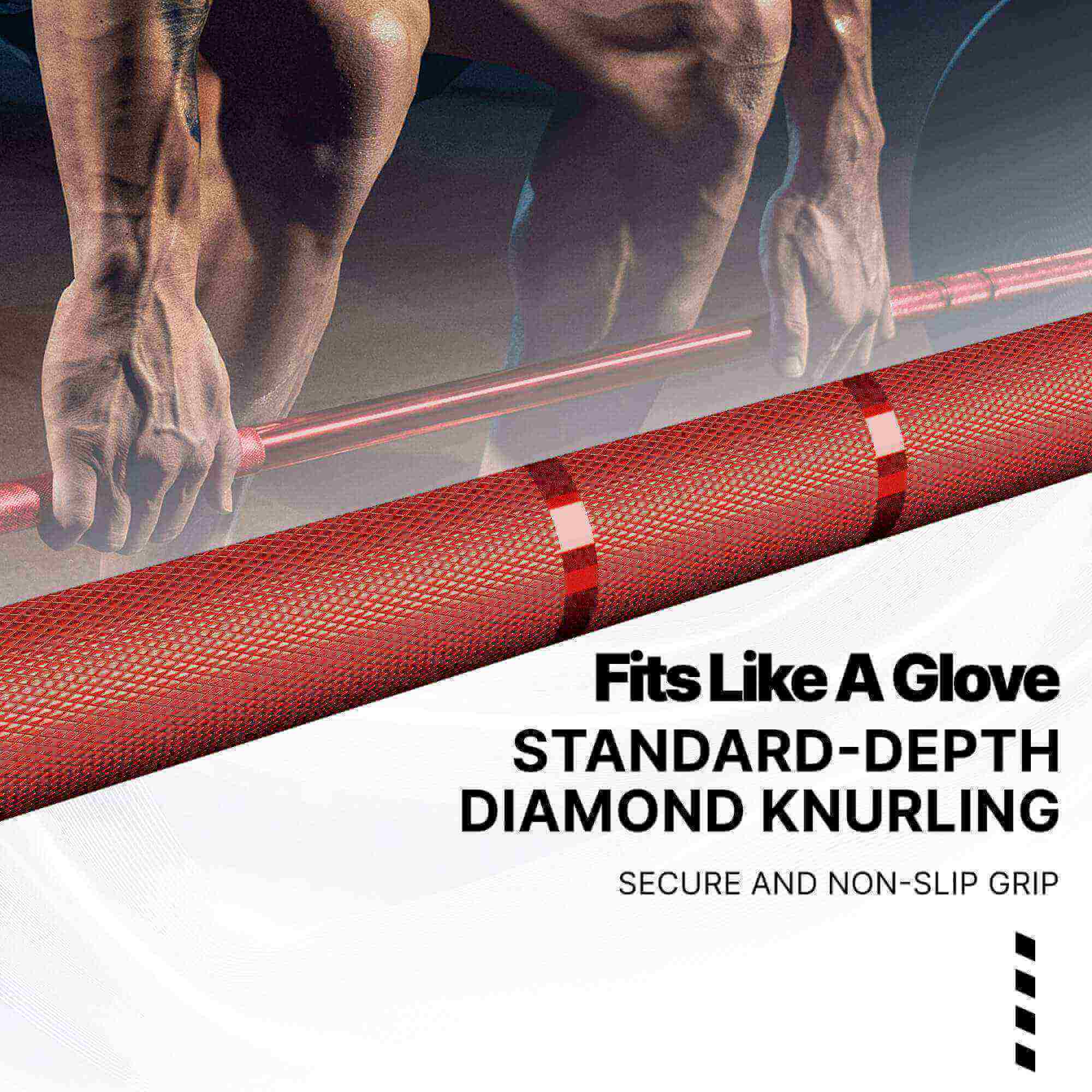 Red barbell with diamond knurling and text about grip quality.#color_red