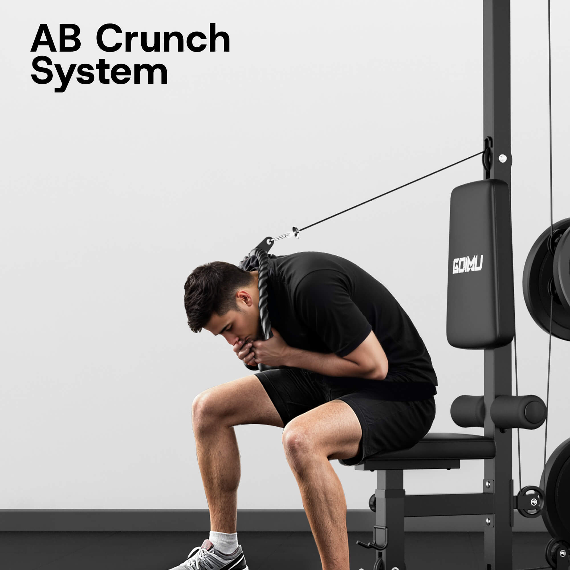 Person using an ab crunch system in a gym setting.