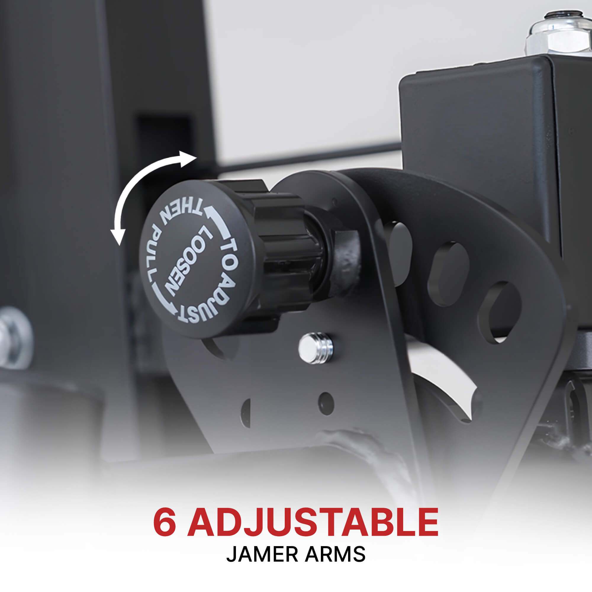 Close-up of a mechanical device with adjustable jammer arms and text indicating '6 Adjustable Jammer Arms'.