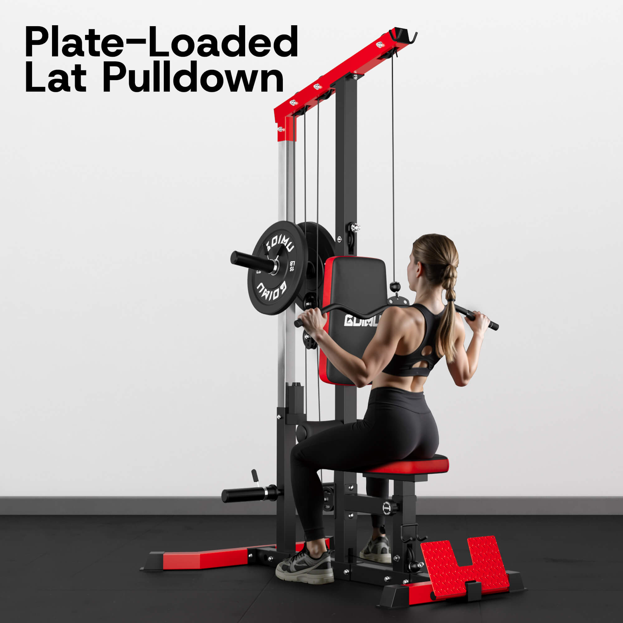 Woman using a plate-loaded lat pulldown machine in a gym setting.