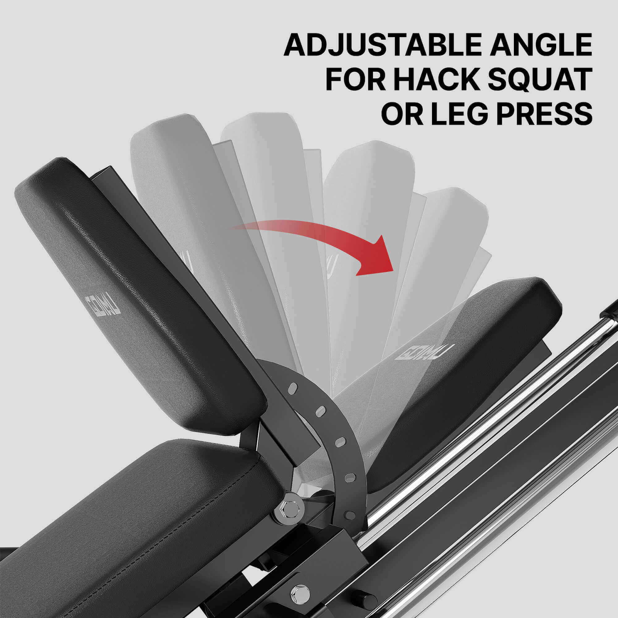 Gym bench with adjustable angle feature for hack squat or leg press on a gray background