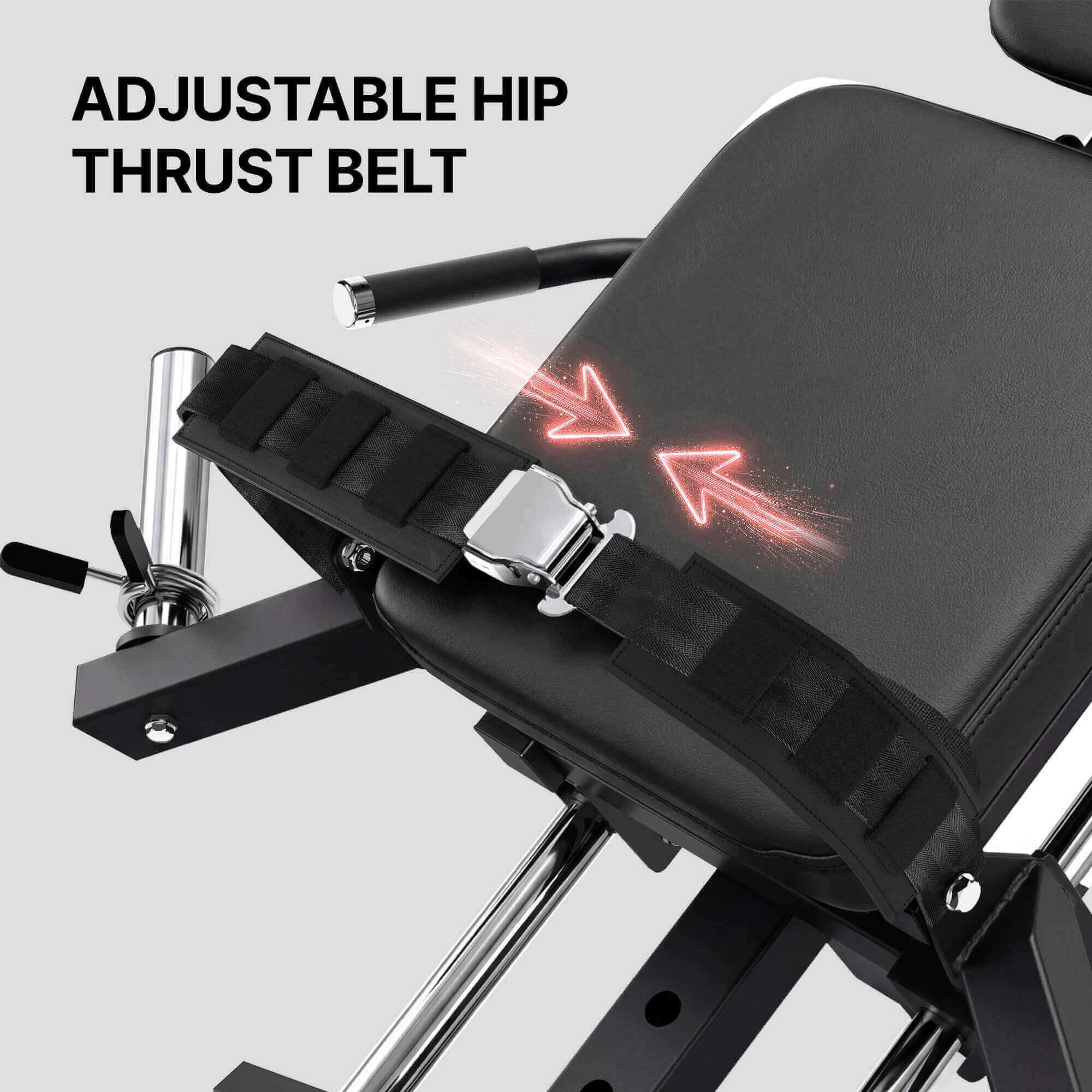 Adjustable hip thrust belt on a weight bench with arrows indicating movement.