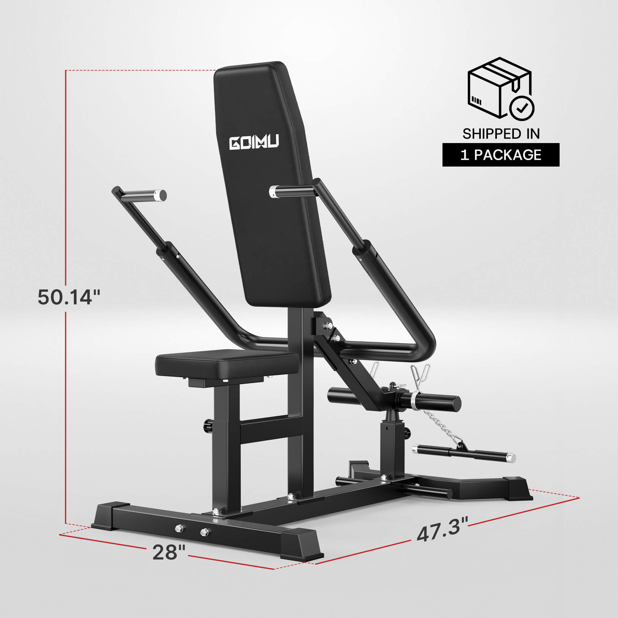 Black weight bench with dimensions and 'GOMU' branding on a light gray background.