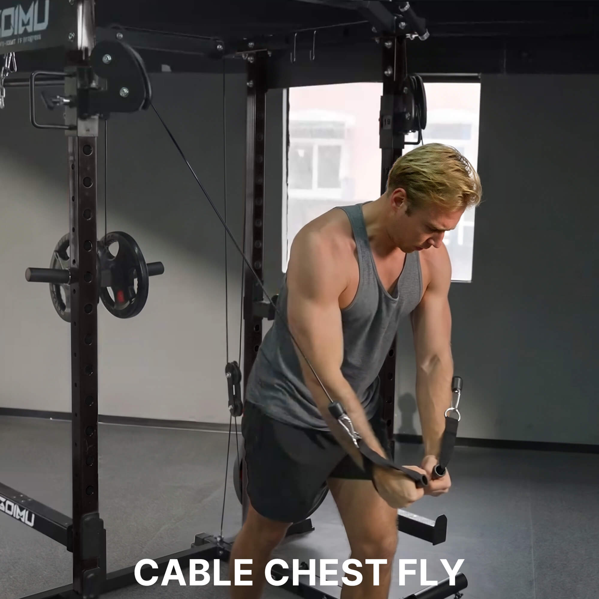 Man performing cable chest fly exercise in a gym setting.