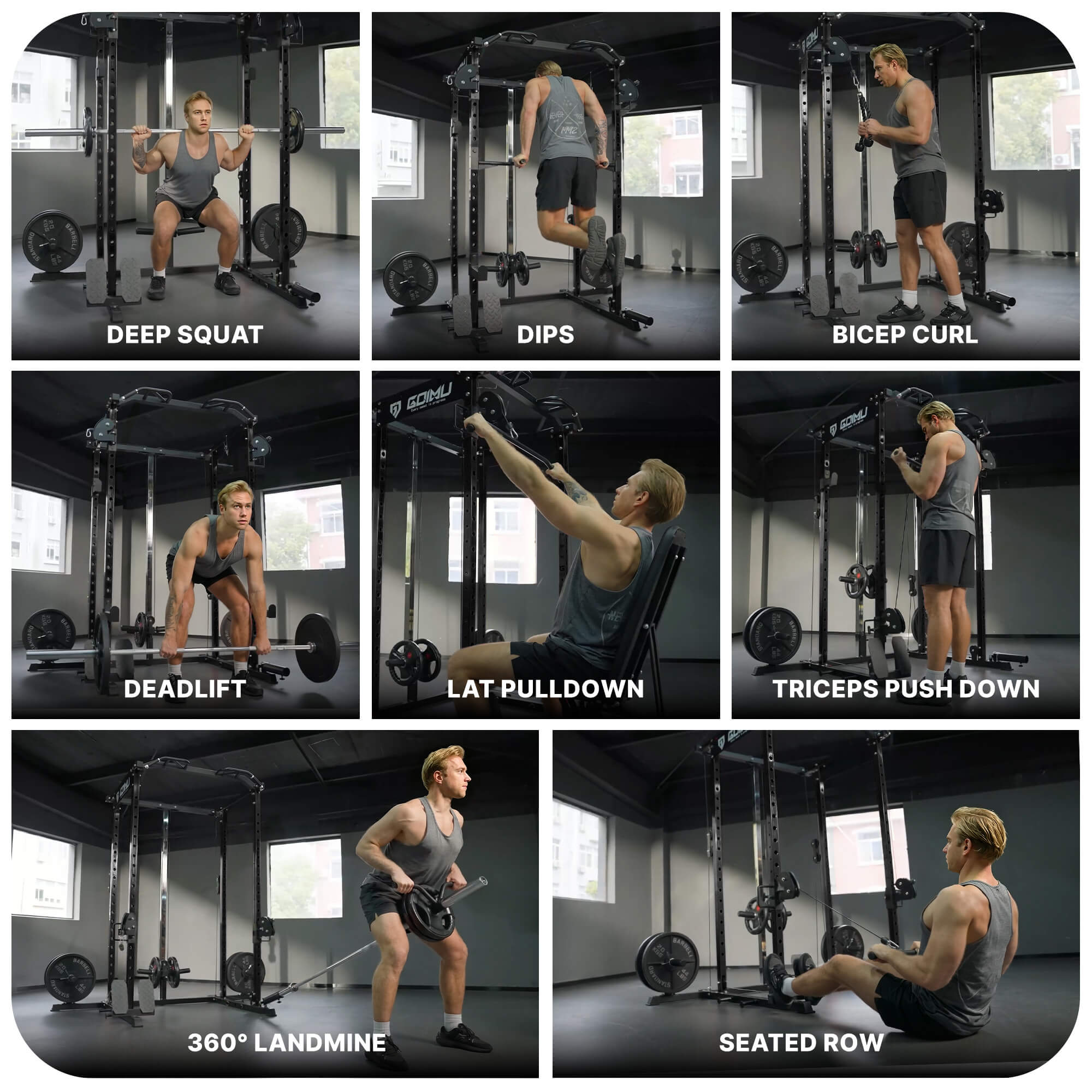 Grid of a man performing various gym exercises with a barbell.