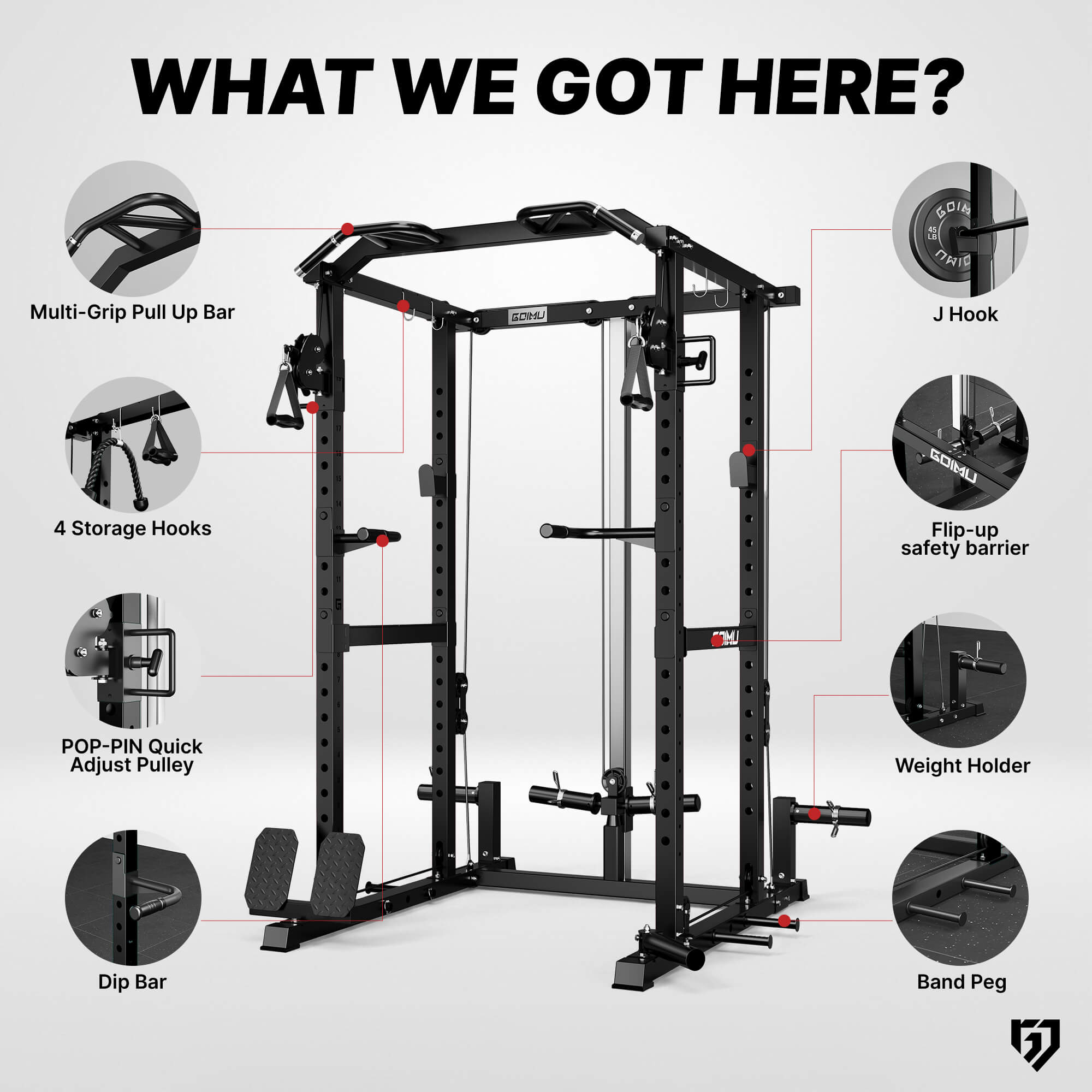 Power rack with labeled components on a white background.