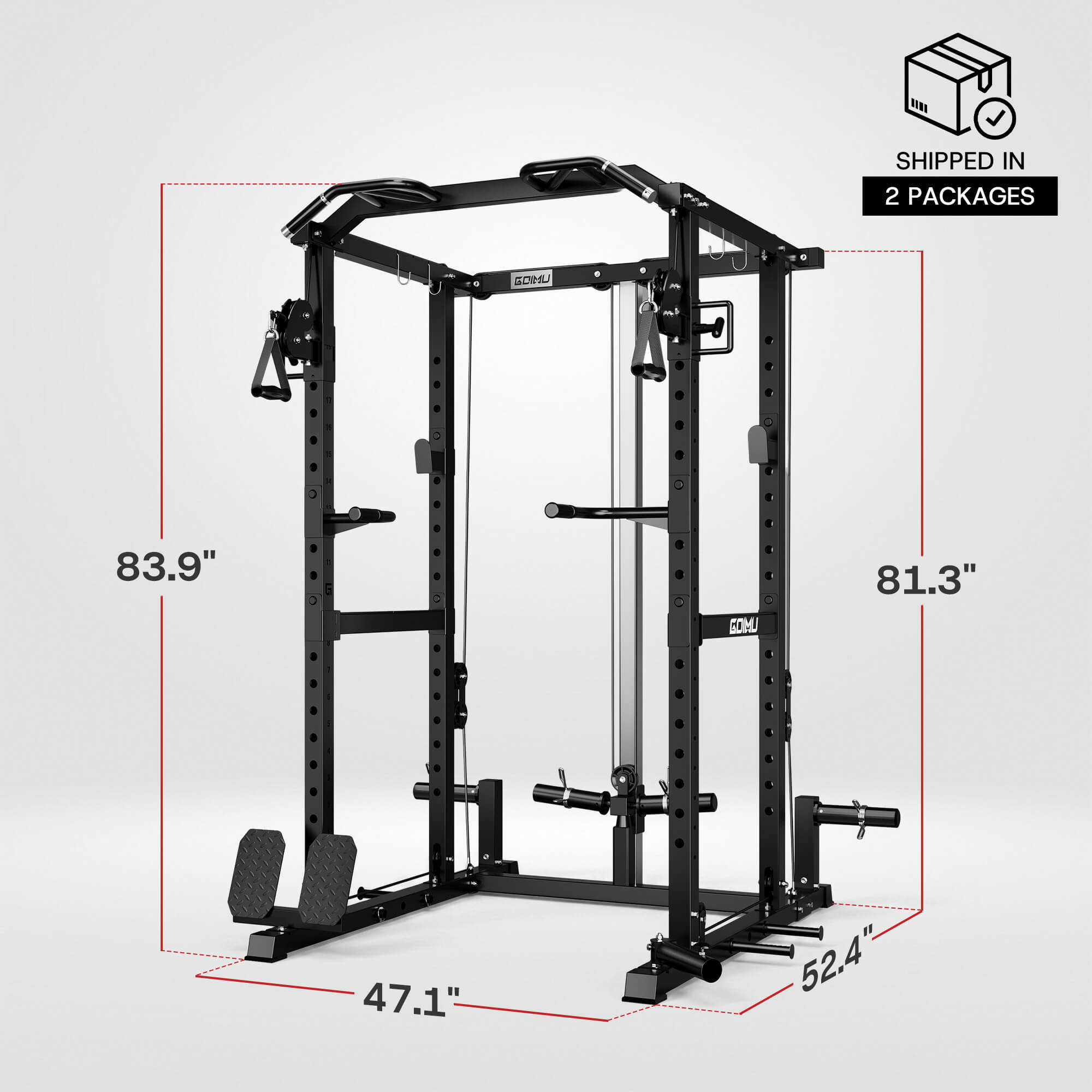 Black power rack with dimensions labeled on a white background.
