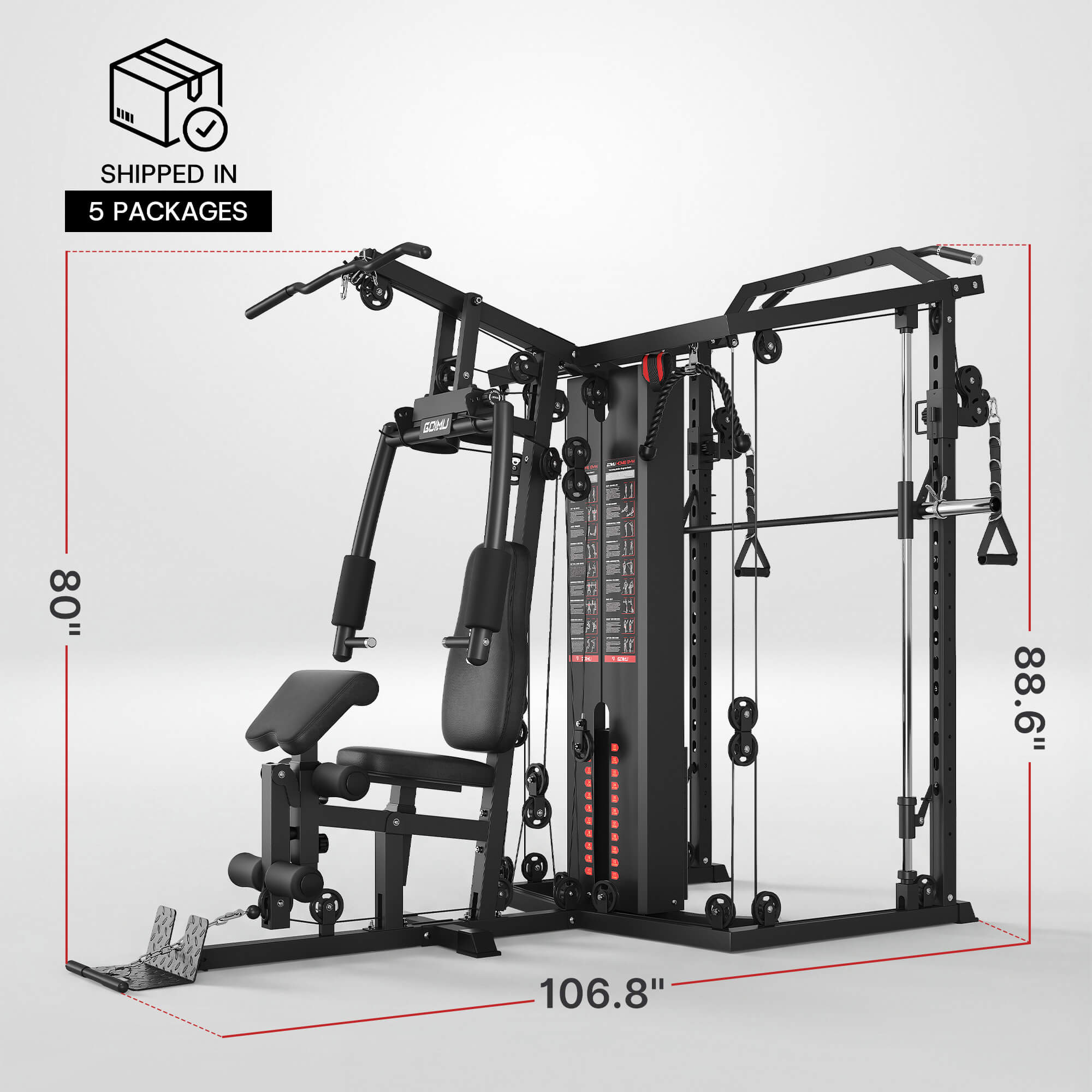 Gym equipment with dimensions and packaging information on a white background