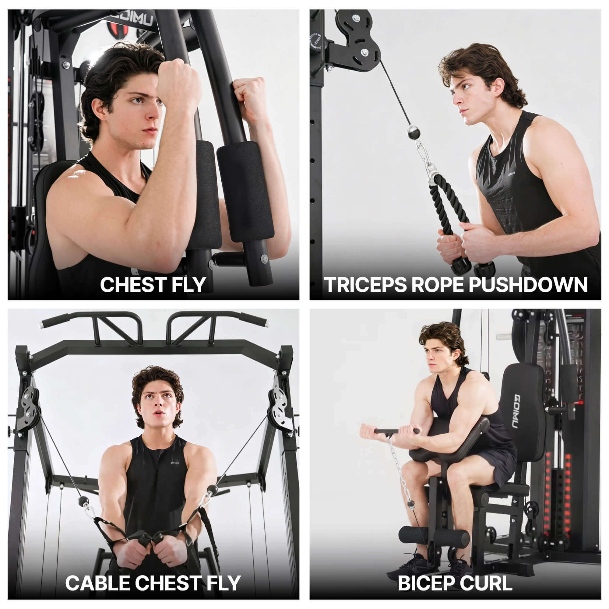 Man using a gym machine with text labels for chest fly, triceps rope pushdown, cable chest fly, and bicep curl.