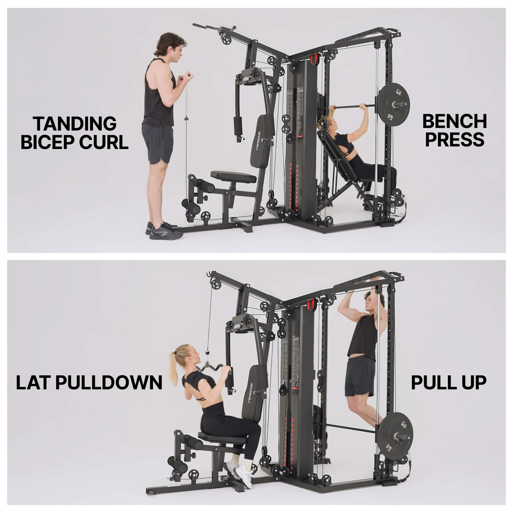 Multigym with users performing various exercises on a white background