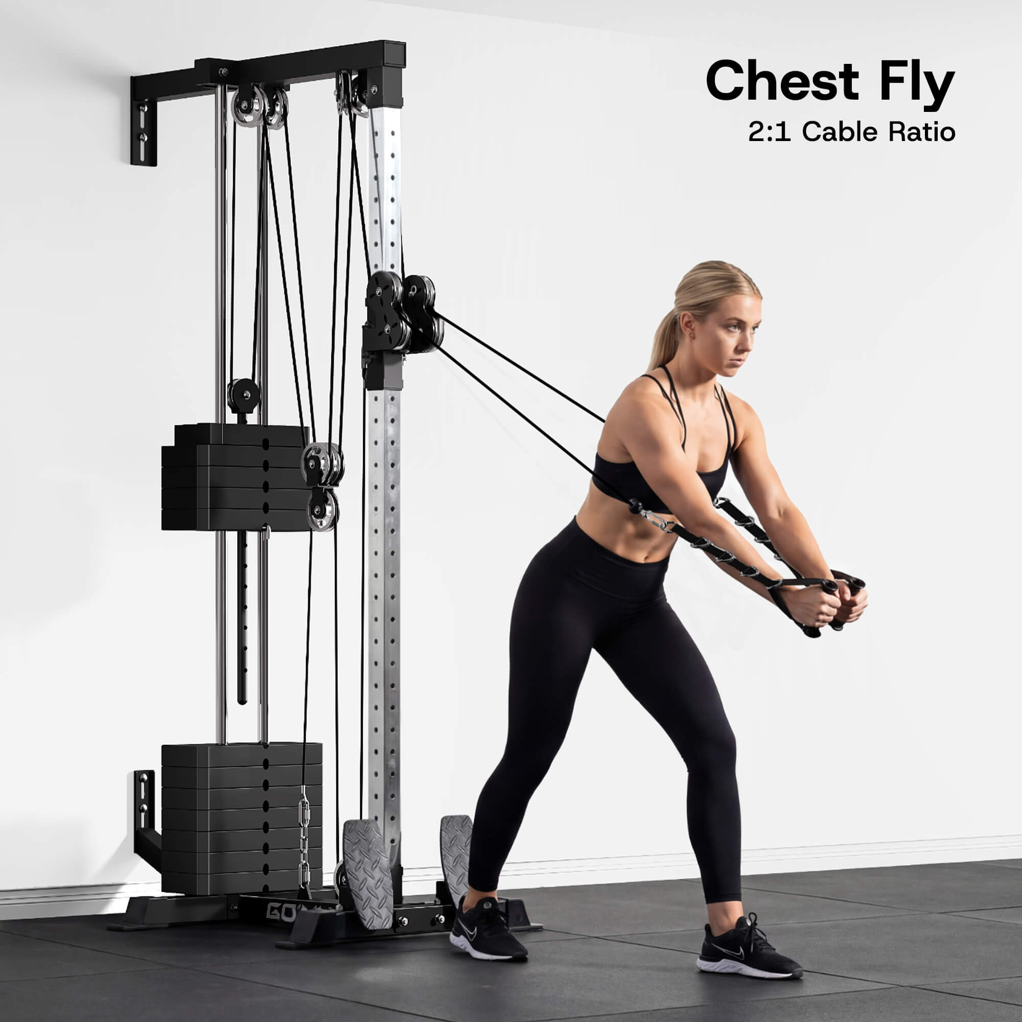 Woman performing chest fly exercise using a cable machine in a gym setting.