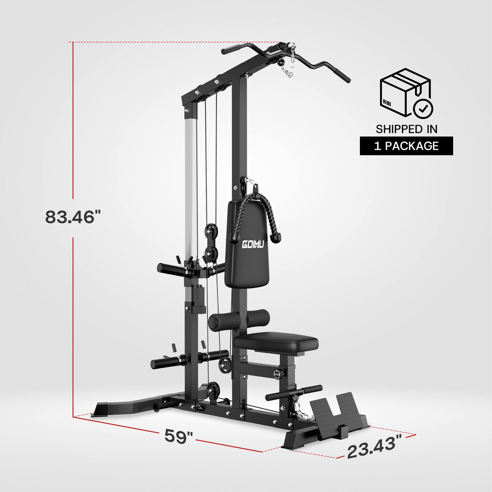 Fitness equipment with dimensions and packaging information on a gray background.
