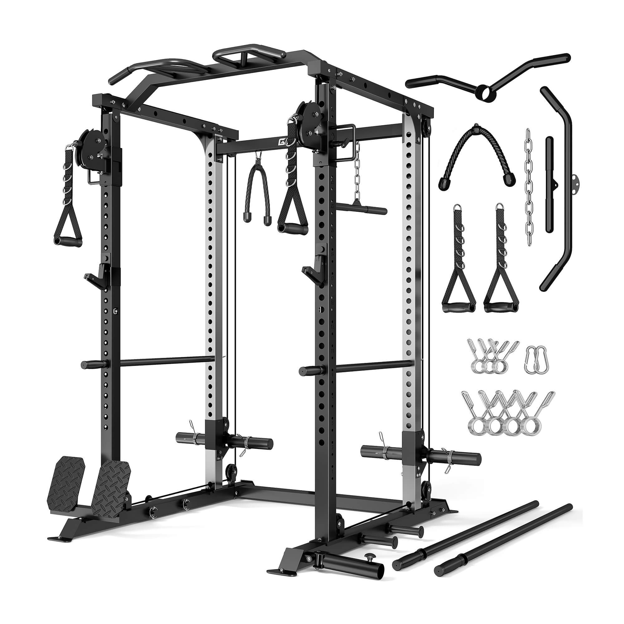 Black power rack with various attachments on a white background.#color_black
