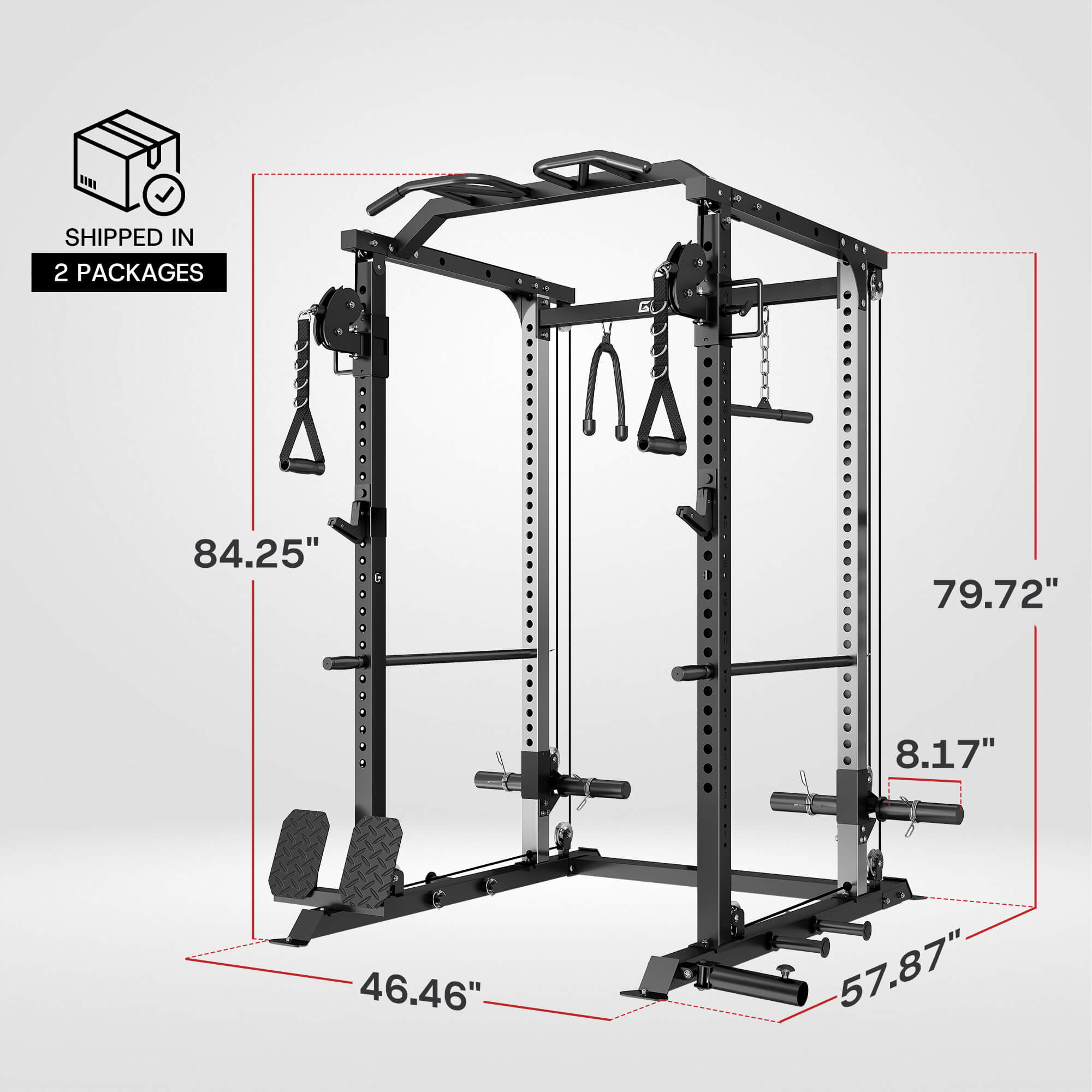 Black power rack with dimensions labeled on a gray background.