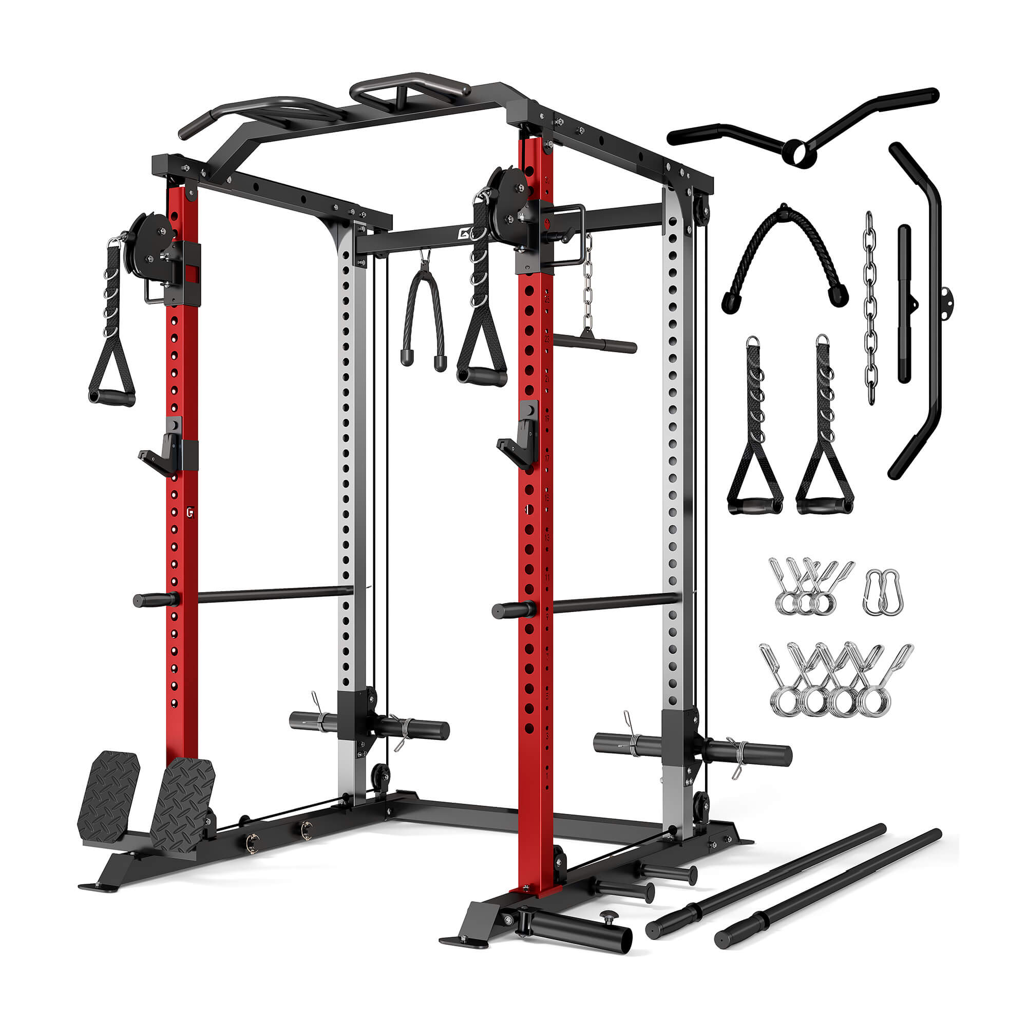 Multifunctional gym power rack with various attachments on a white background.