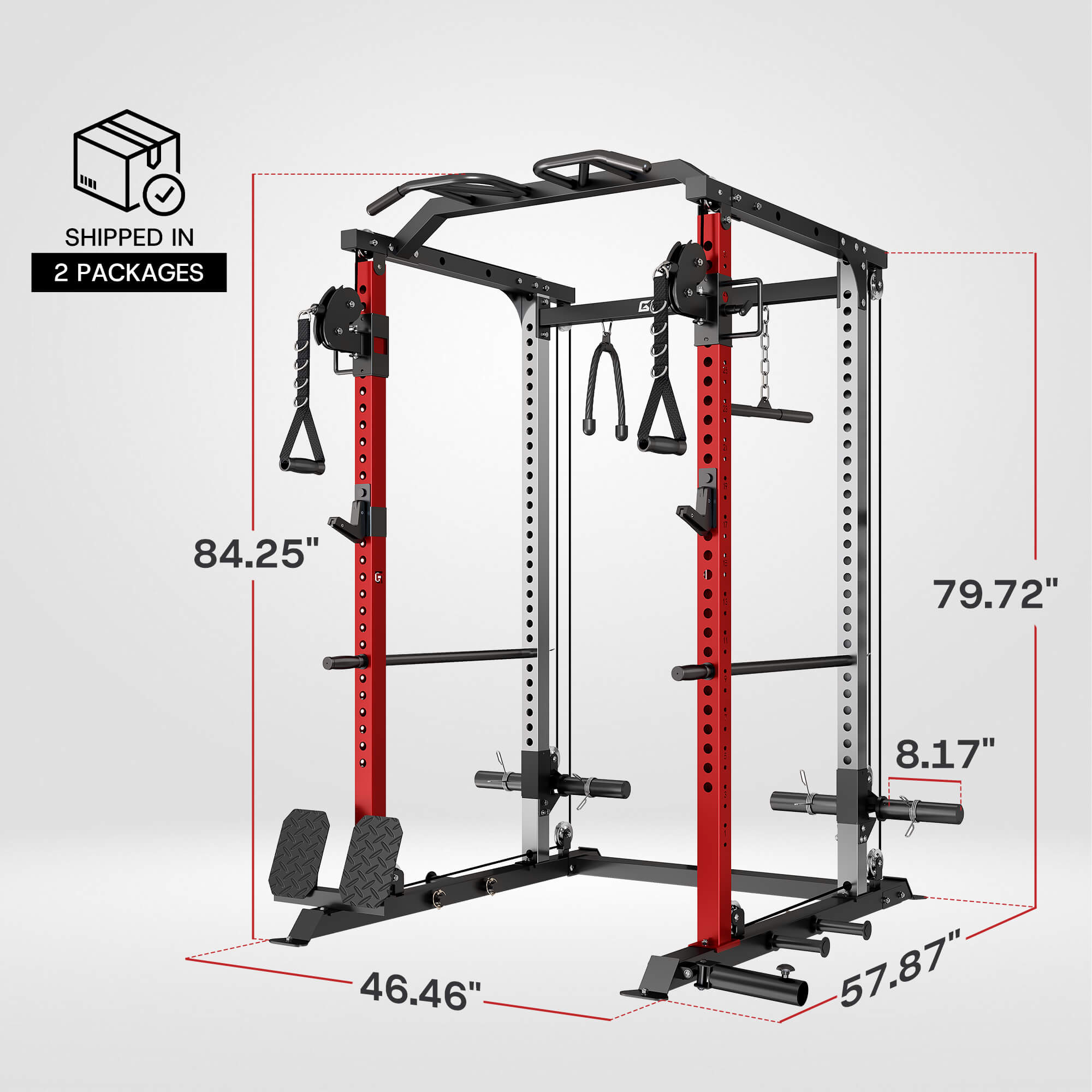 Gym power rack with dimensions labeled on a white background.