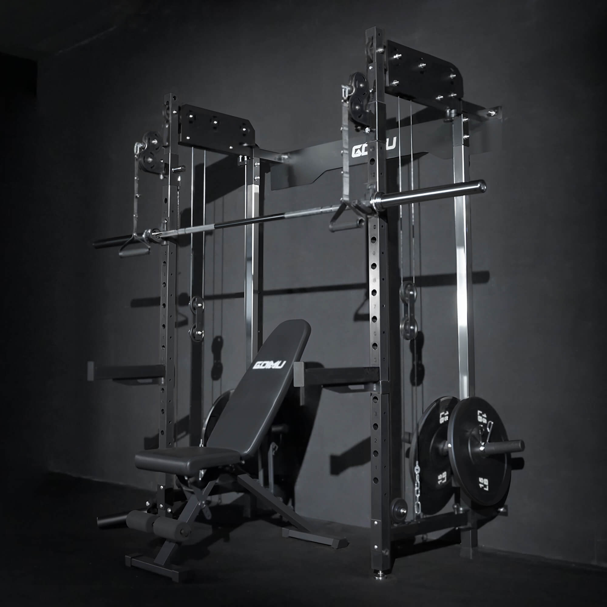 Gym weight rack with barbell and bench in a dimly lit room.