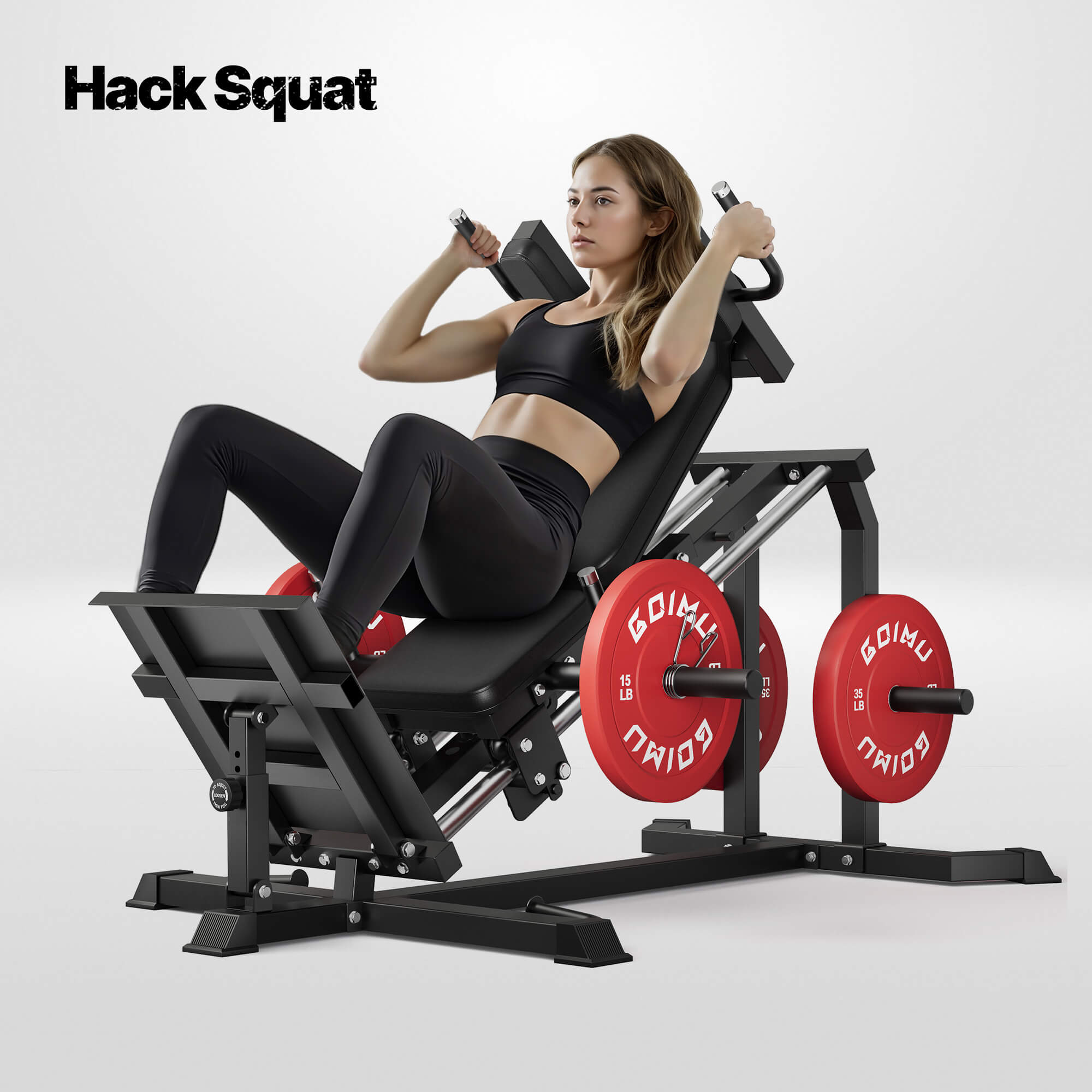 Woman using a Hack Squat machine with red weights on a white background.#color_black