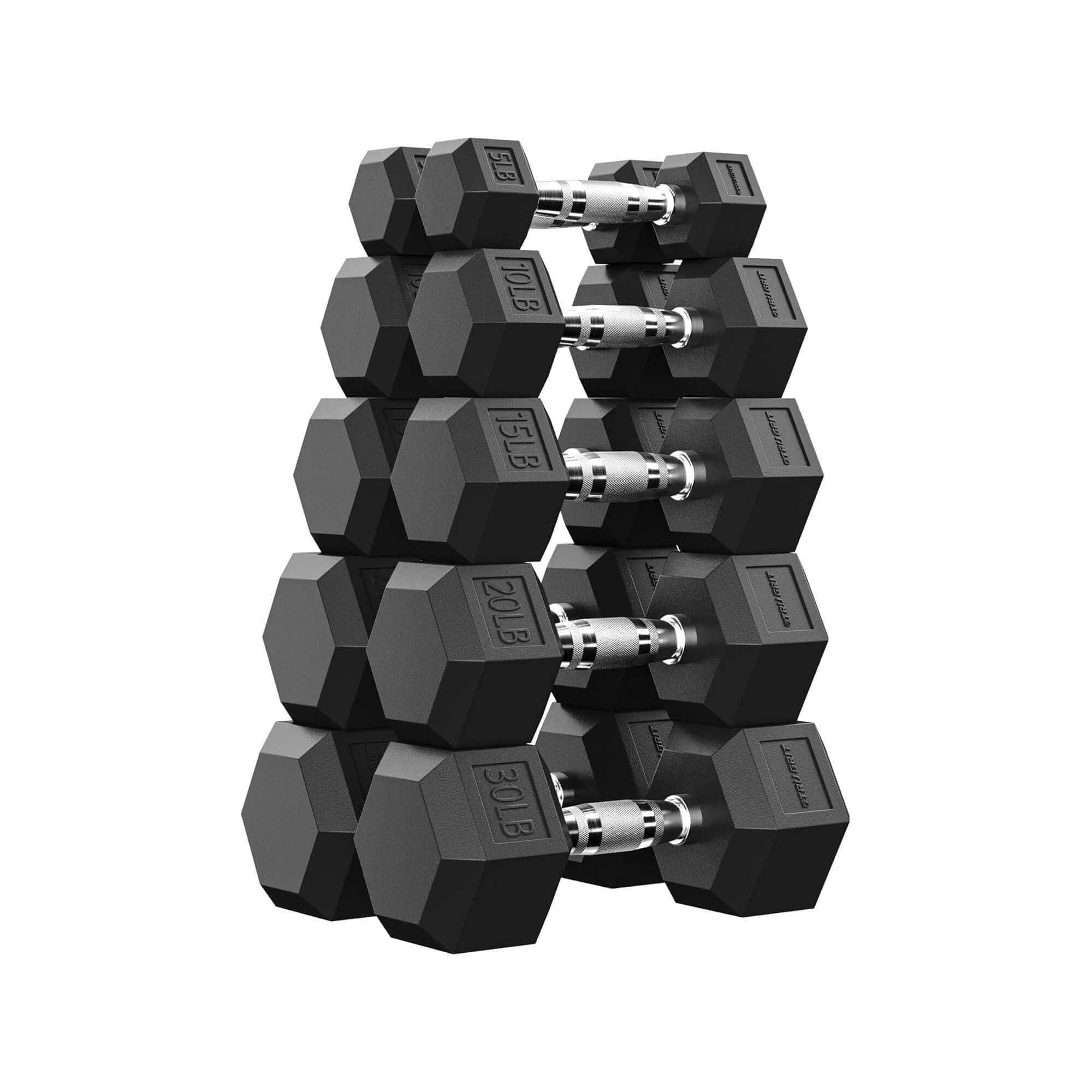 Set of black hexagonal dumbbells on a white background.#pounds_160lbs-only-weight
