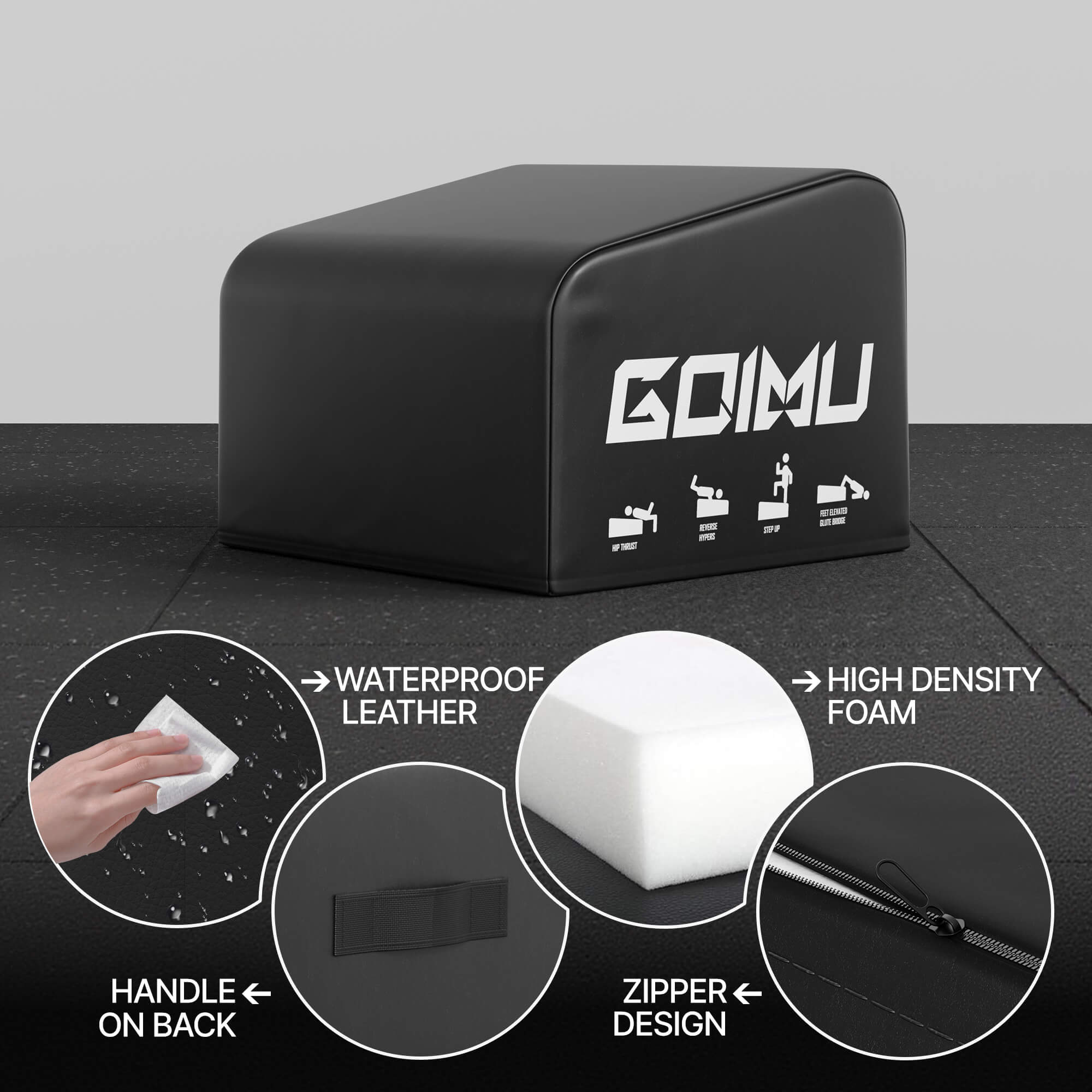 Black cube-shaped product with Gaimu branding on a gray background, featuring text about product features.