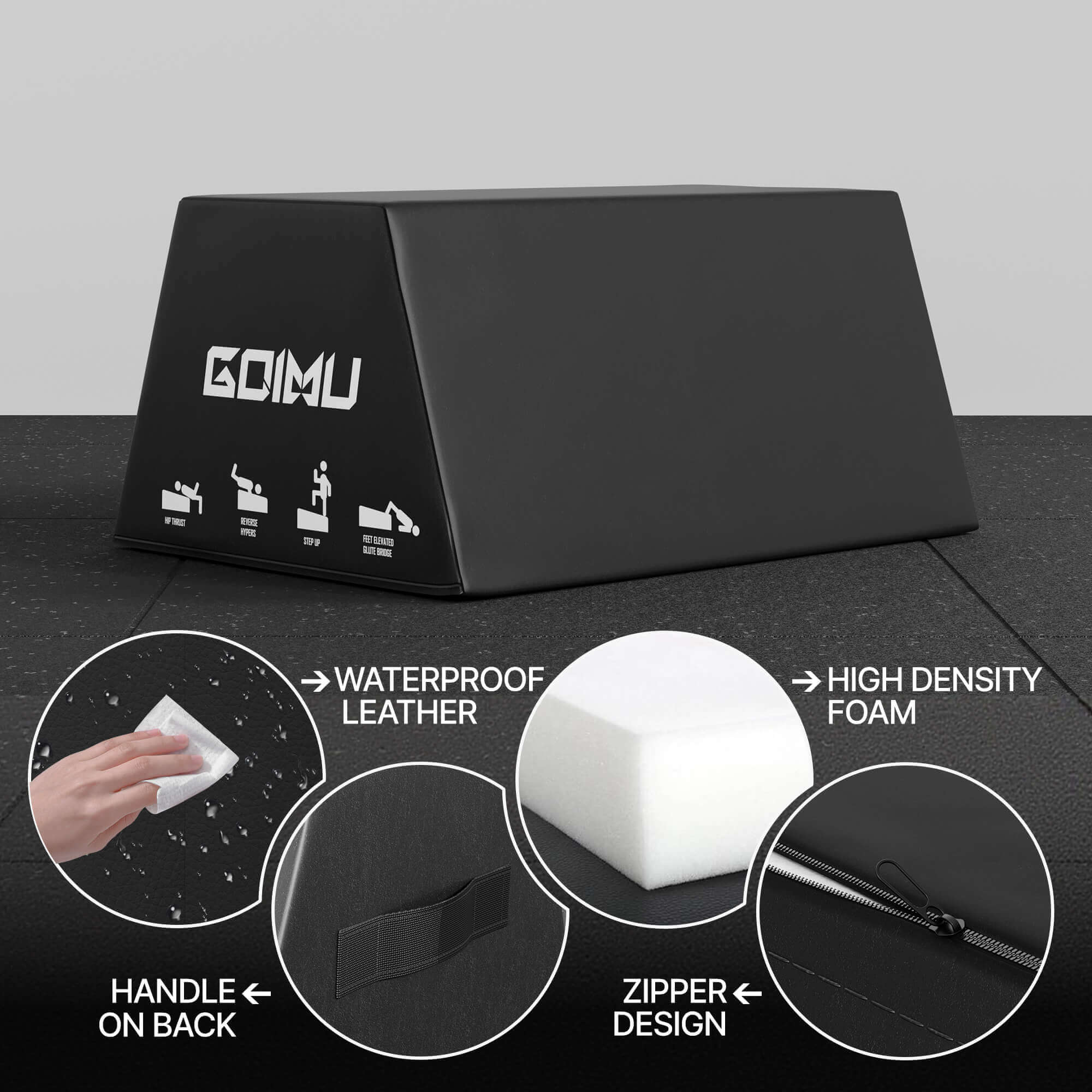 Black car seat cushion with Goimu branding and features highlighted on a gray background.