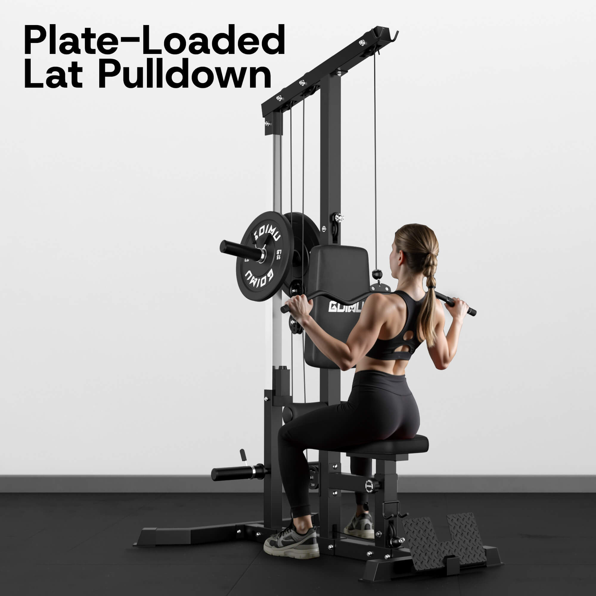 Woman using a plate-loaded lat pulldown machine in a gym setting.