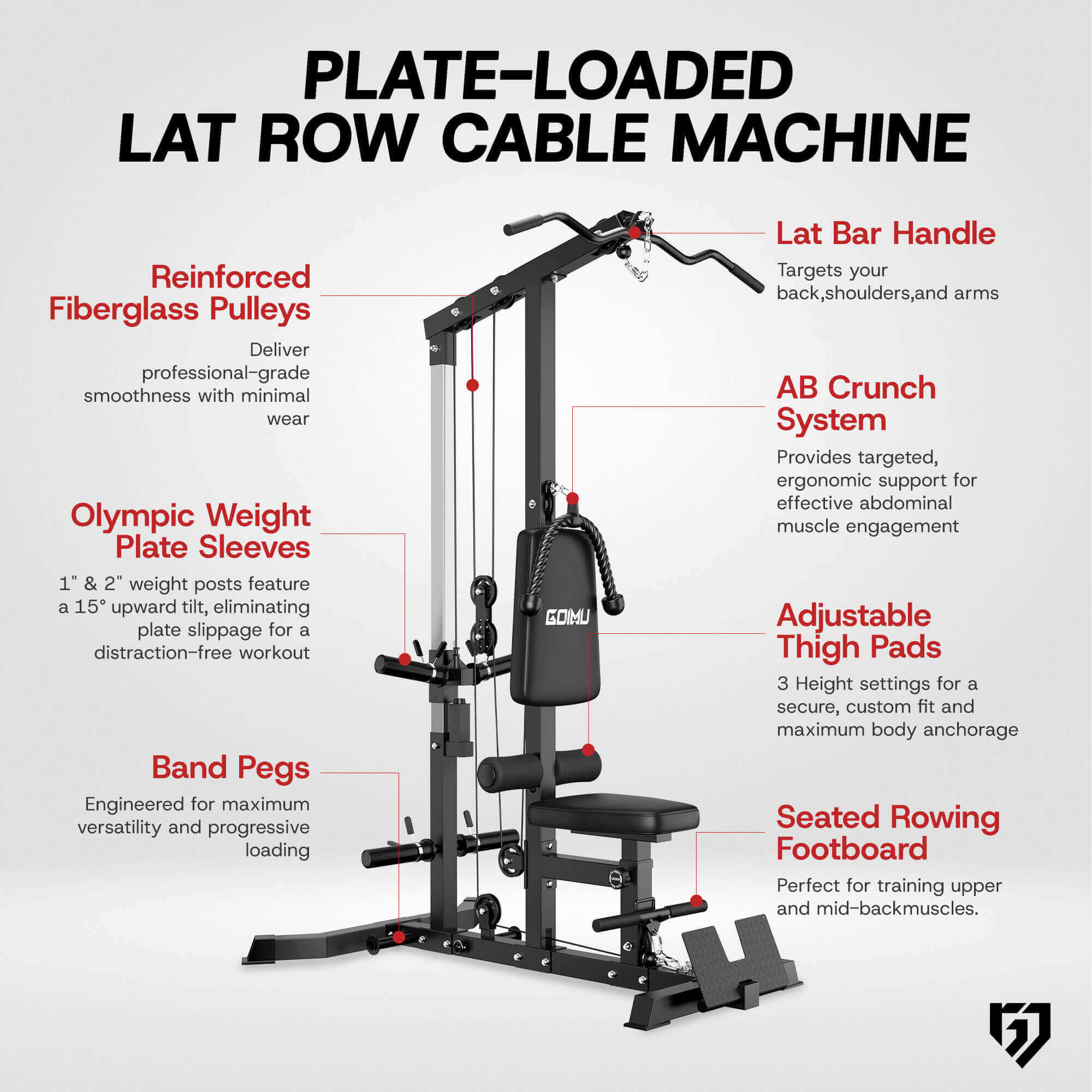 Plate-loaded lat row cable machine with feature text on a white background.