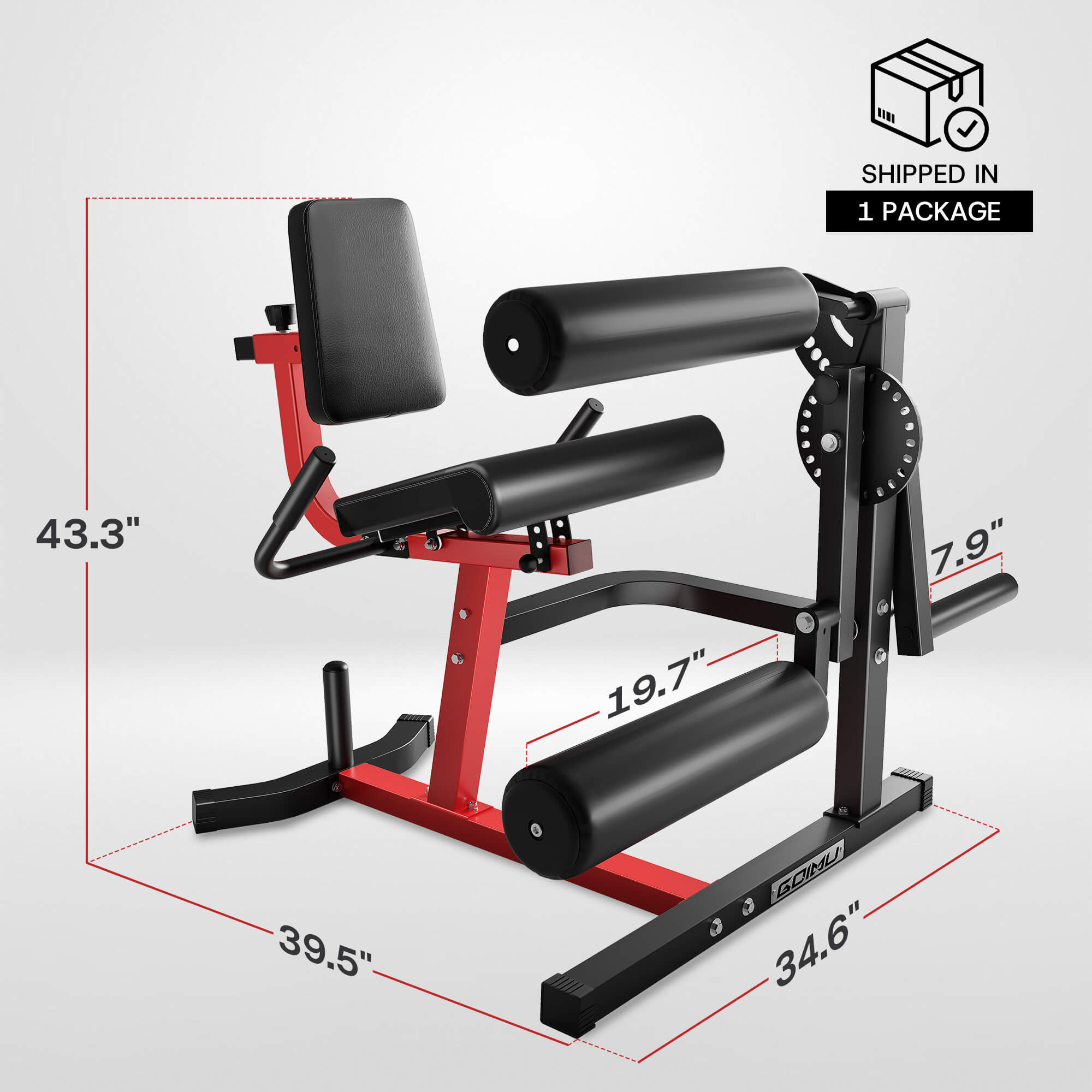 Fitness machine with dimensions labeled on a white background.