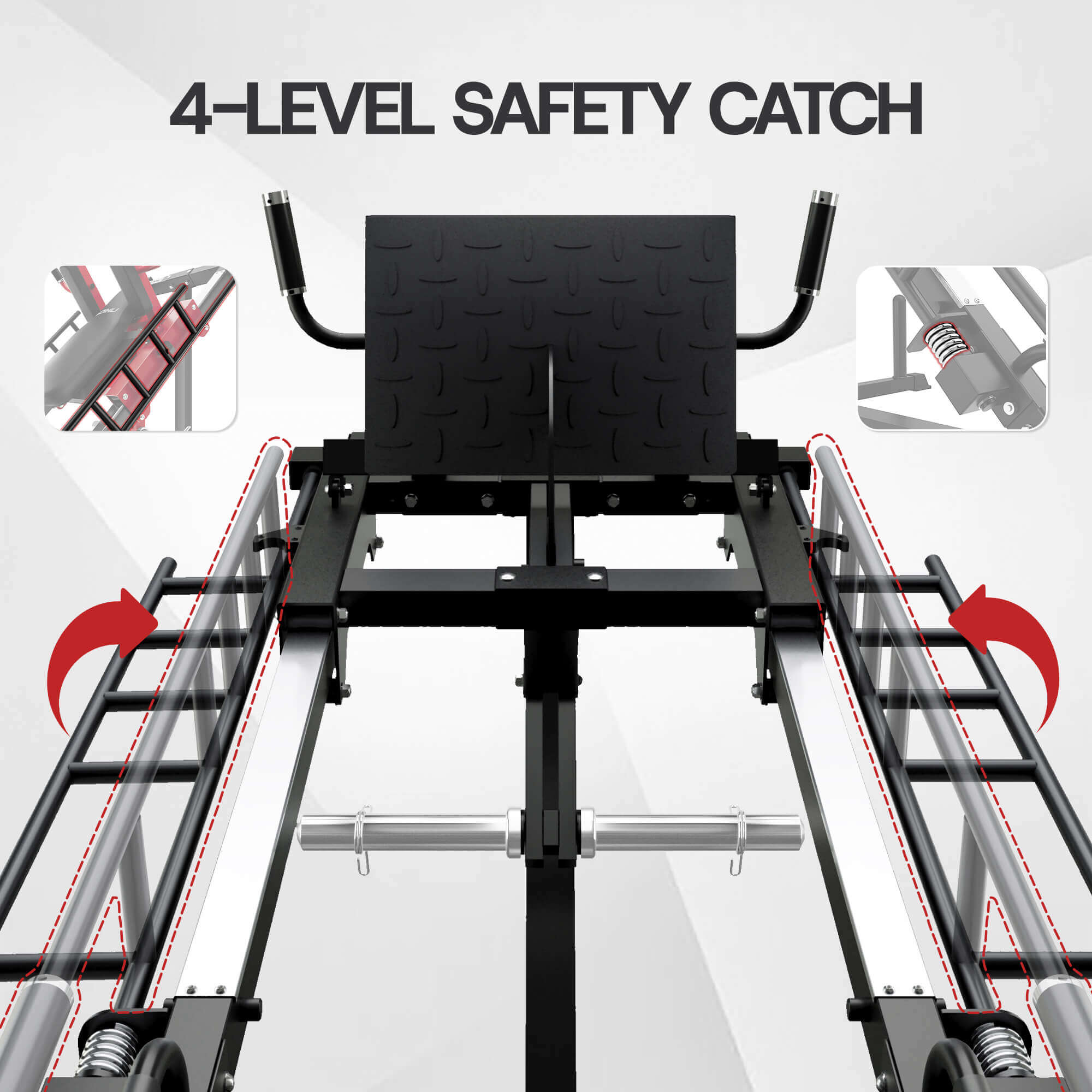 Gym machine with 4-level safety catch feature on a gray background.#color_black
