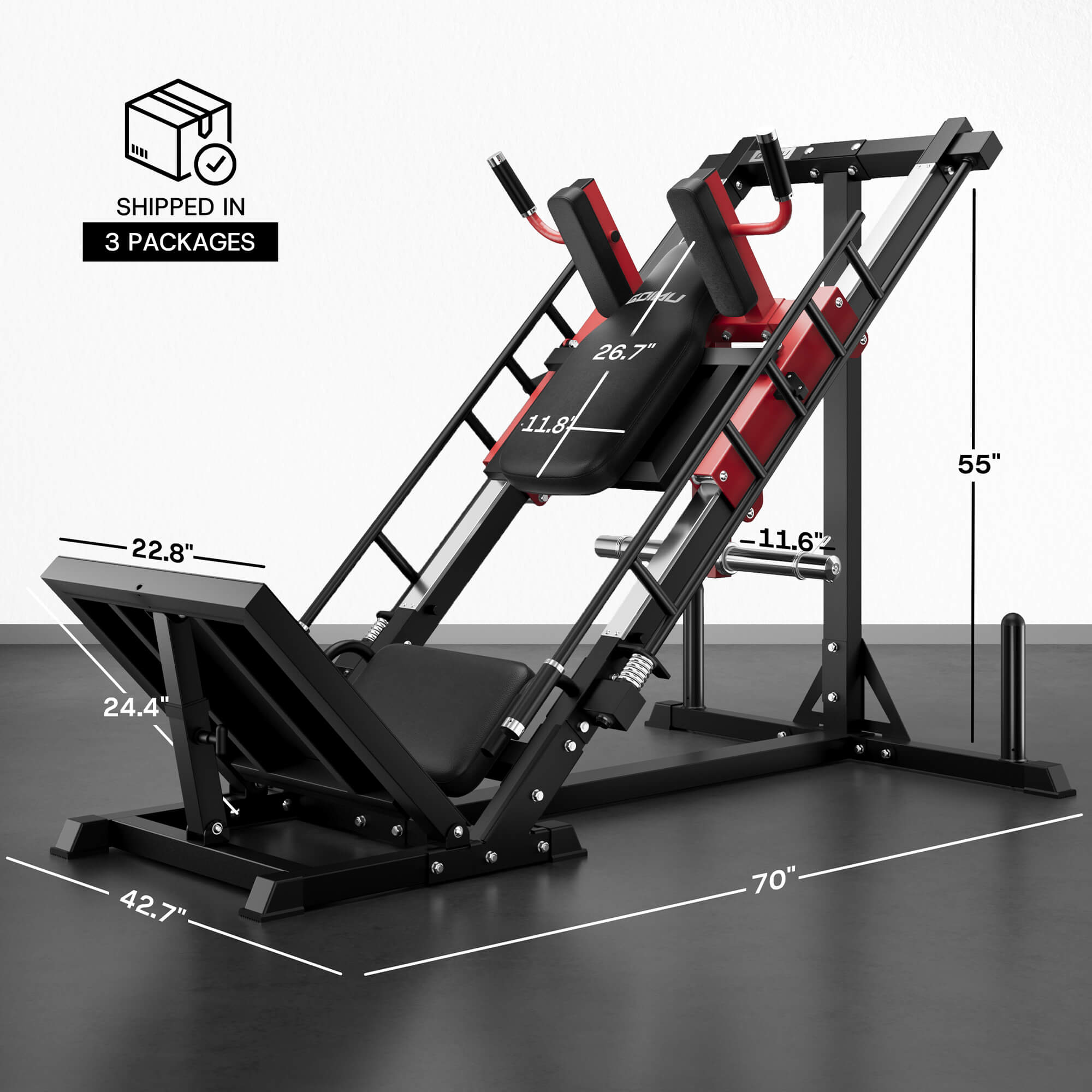 Gym machine with dimensions labeled on a gray background.#color_red