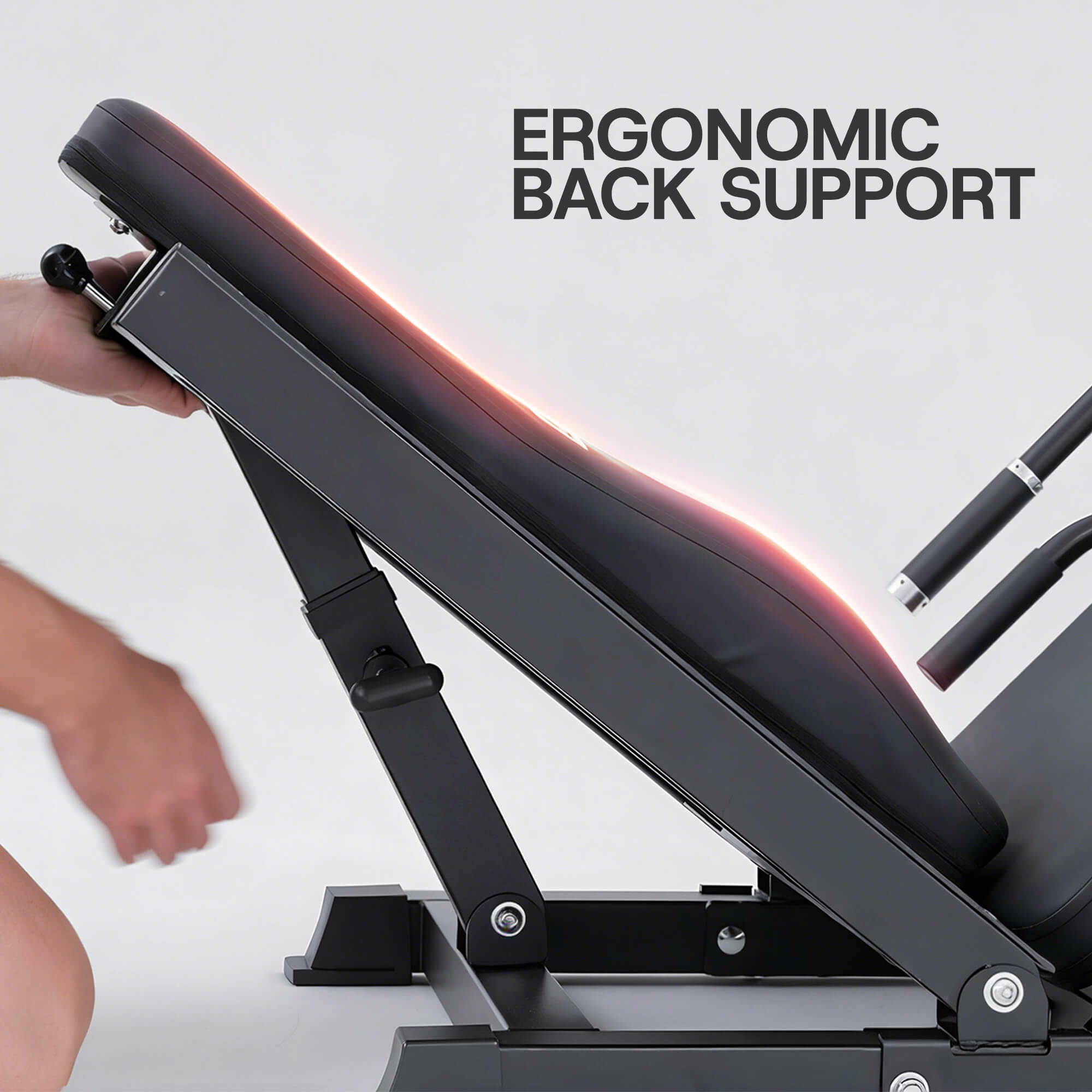 Ergonomic back support on a gym bench with text overlay.#color_red