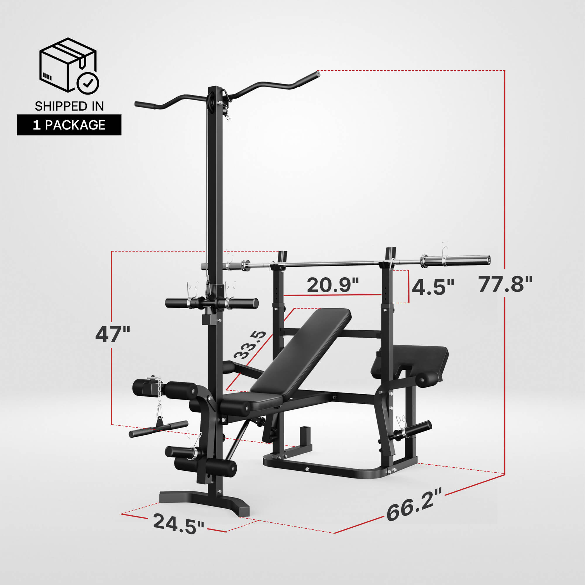 Black weight bench and bar setup with dimensions on a light gray background