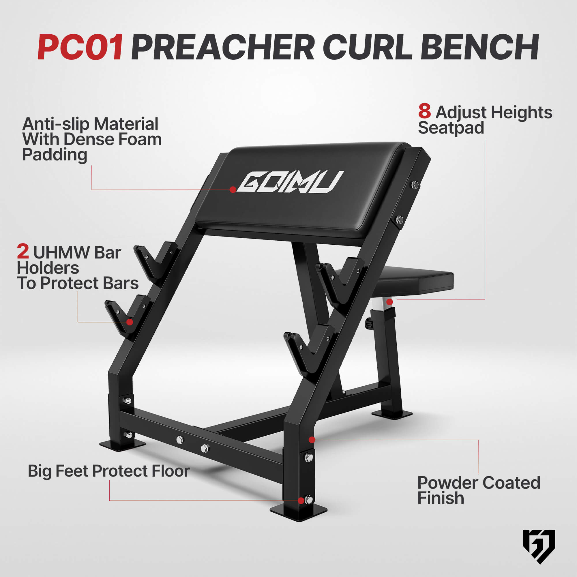Preacher curl bench with features listed on a white background.#color_black