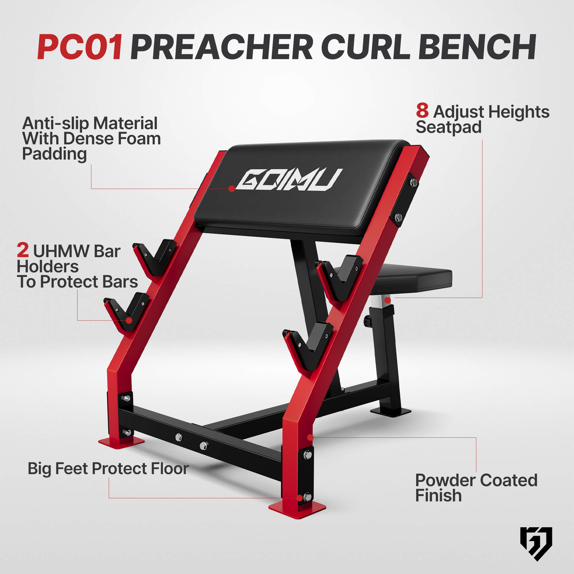 Preacher curl bench with features highlighted on a white background.#color_red