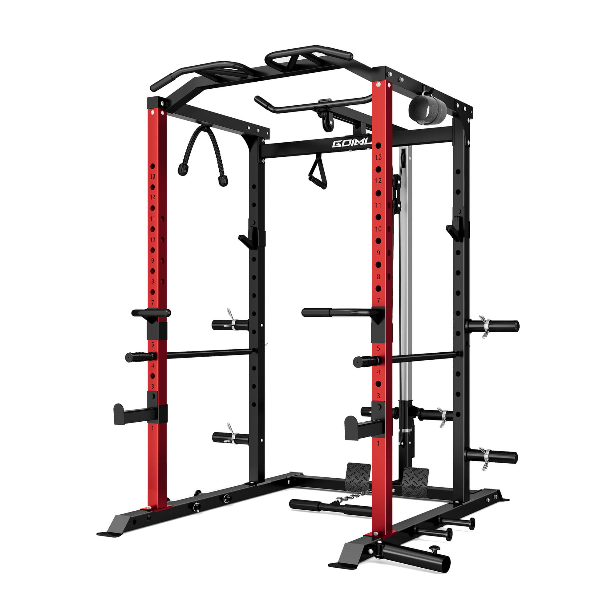 Red and black power rack on a white background.